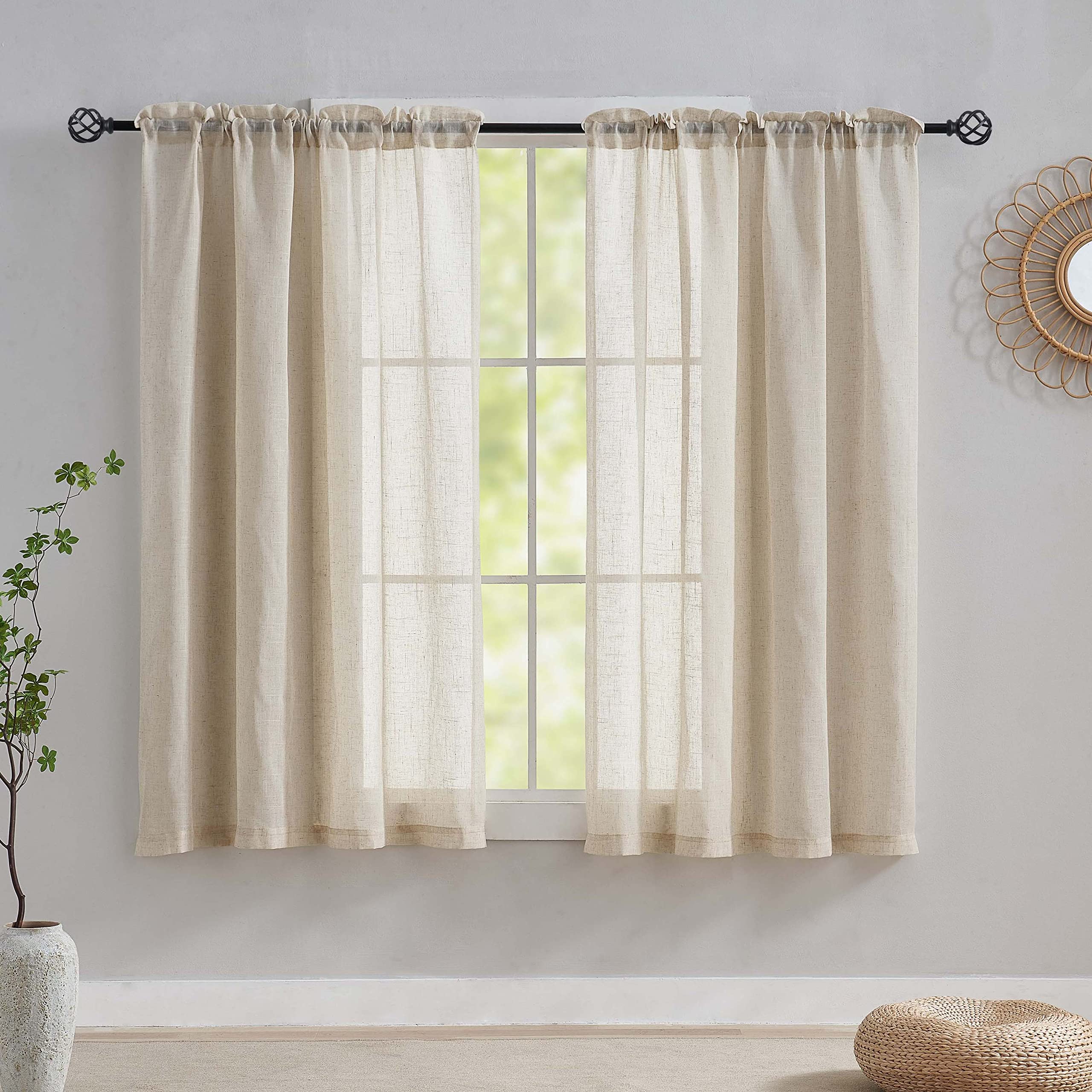 Home Brilliant Linen Blend Semi Sheer Curtains For Kitchen Window, Half Beige Panels, 54 X 45 Inch Long, Set Of 2