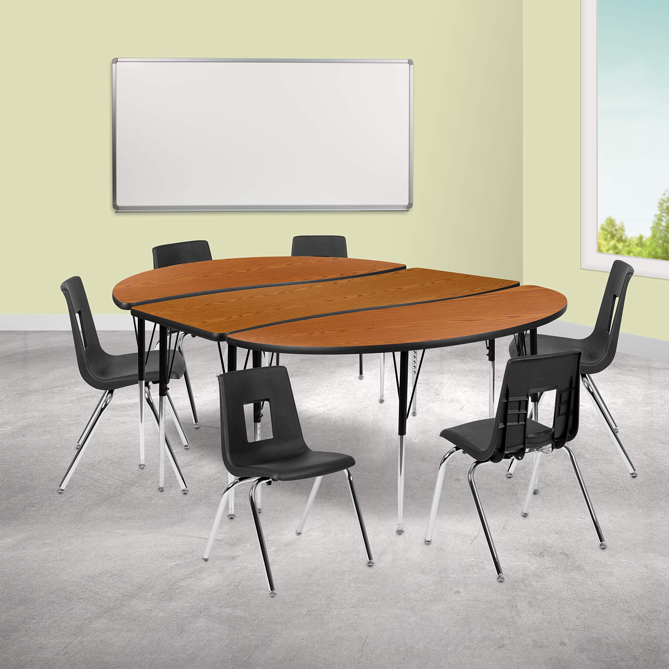Flash Furniture 86' Oval Wave Collaborative Laminate Activity Table Set With 18' Student Stack Chairs, Oak/Black