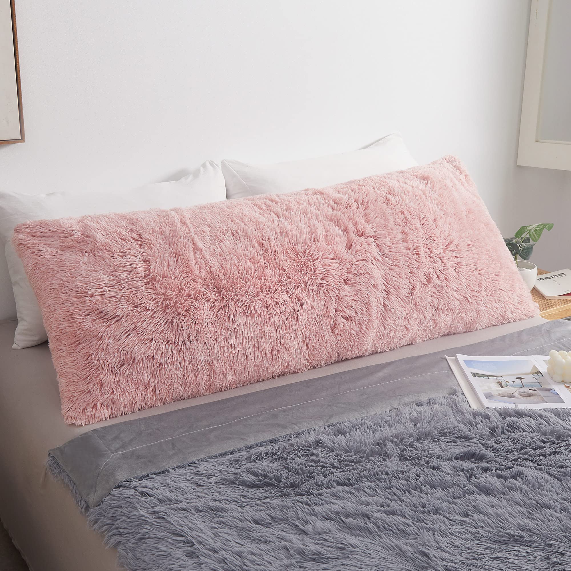 MEGO Shaggy Plush Body Pillow Cover, Pink Faux Fur Fluffy Body Pillowcase, 20x54 Boho Fuzzy Full Body Pillow Case, Furry Rectang