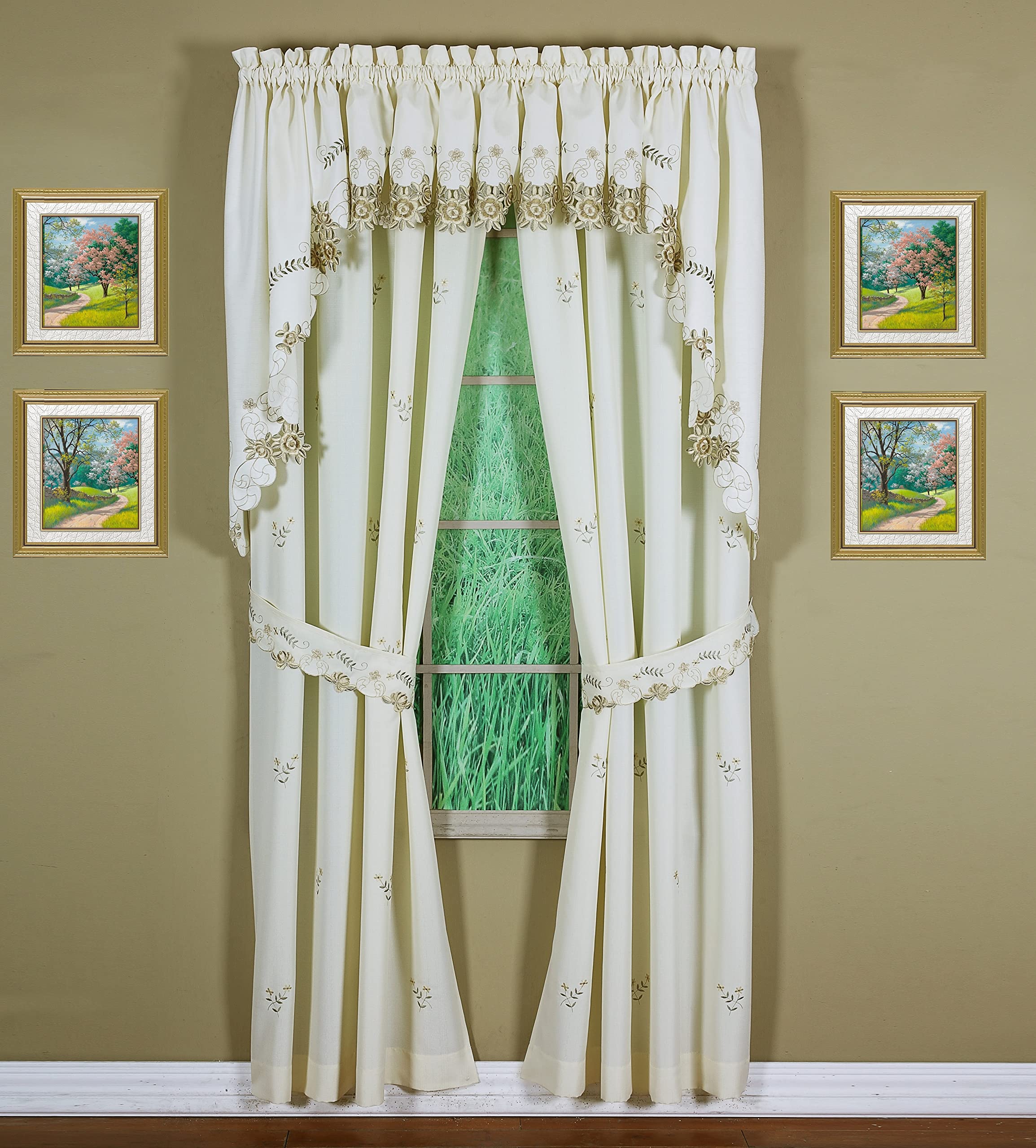 Today'S Curtain Verona Reverse Embroidery Panel Pair And Tiebacks, 63', Ecru/Antique