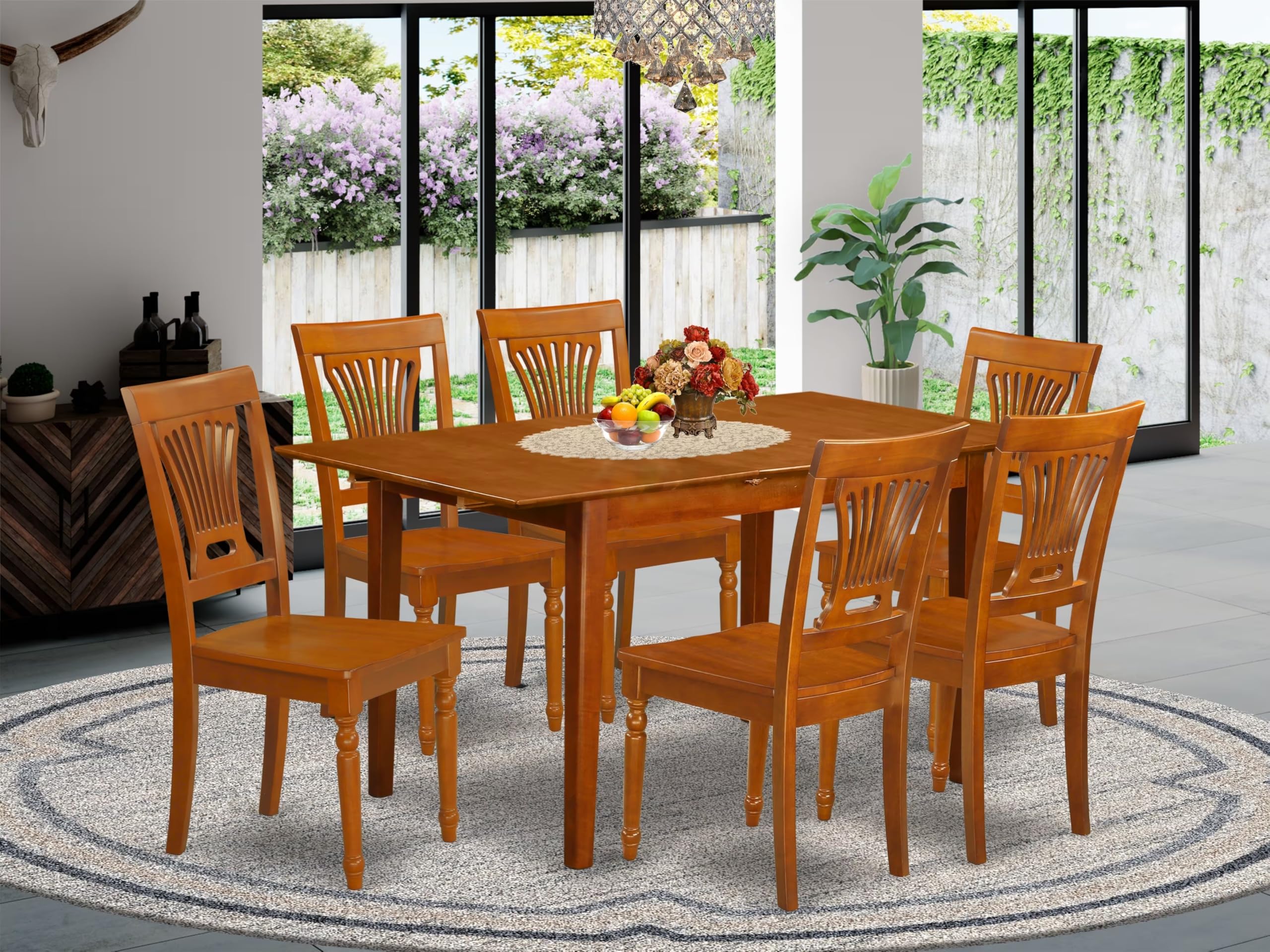 East West Furniture PSPL7-SBR-W 7 Piece Dining Set Consist of a Rectangle Dining Room Table with Butterfly Leaf and 6 Wood Seat Chairs, 32x60 Inch, Saddle Brown