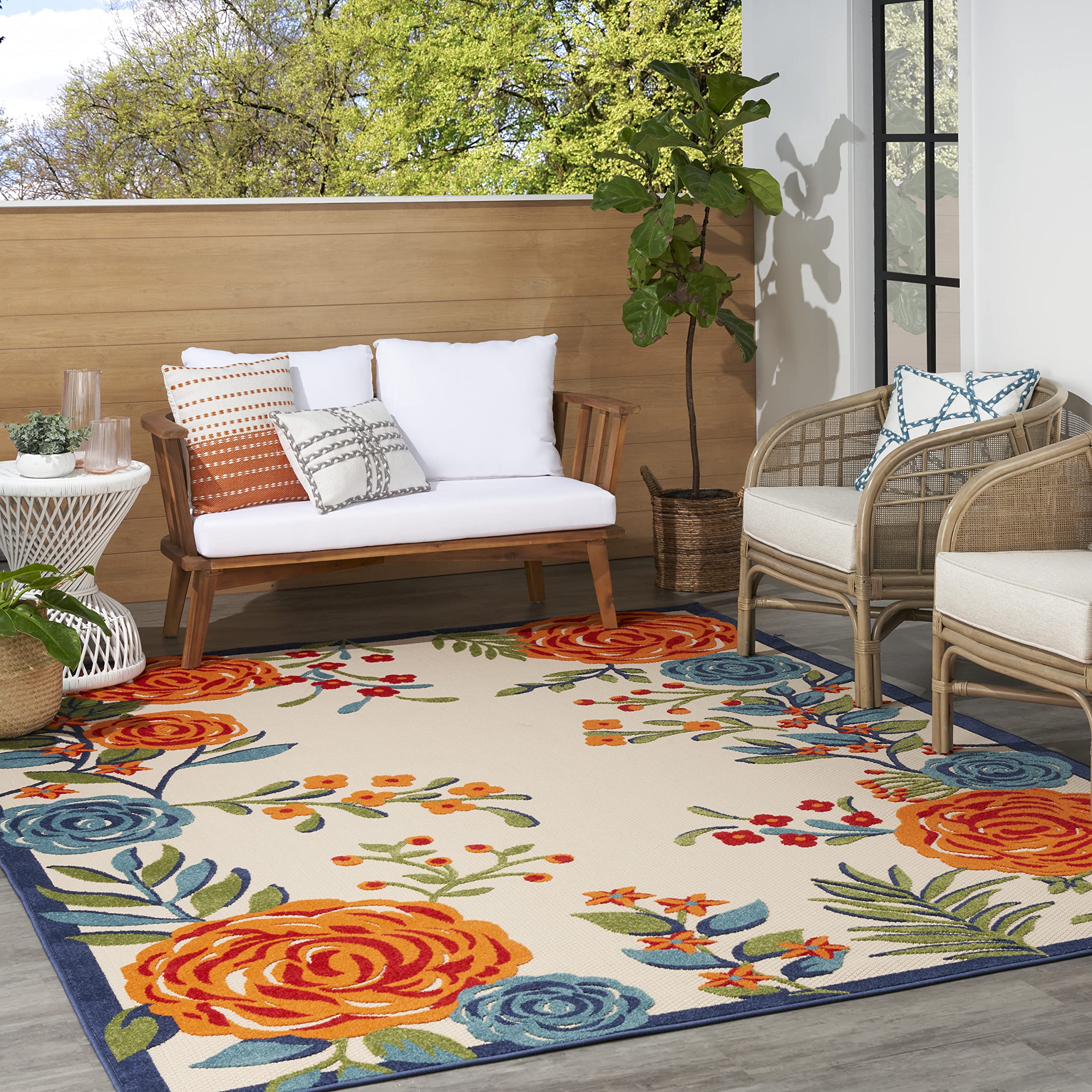 Nourison Aloha Indoor/Outdoor Modern Multicolor 5'3' X 7'5' Area Rug, Easy Cleaning, Non Shedding, Bed Room, Living Room, Dining Room, Kitchen (5X7)