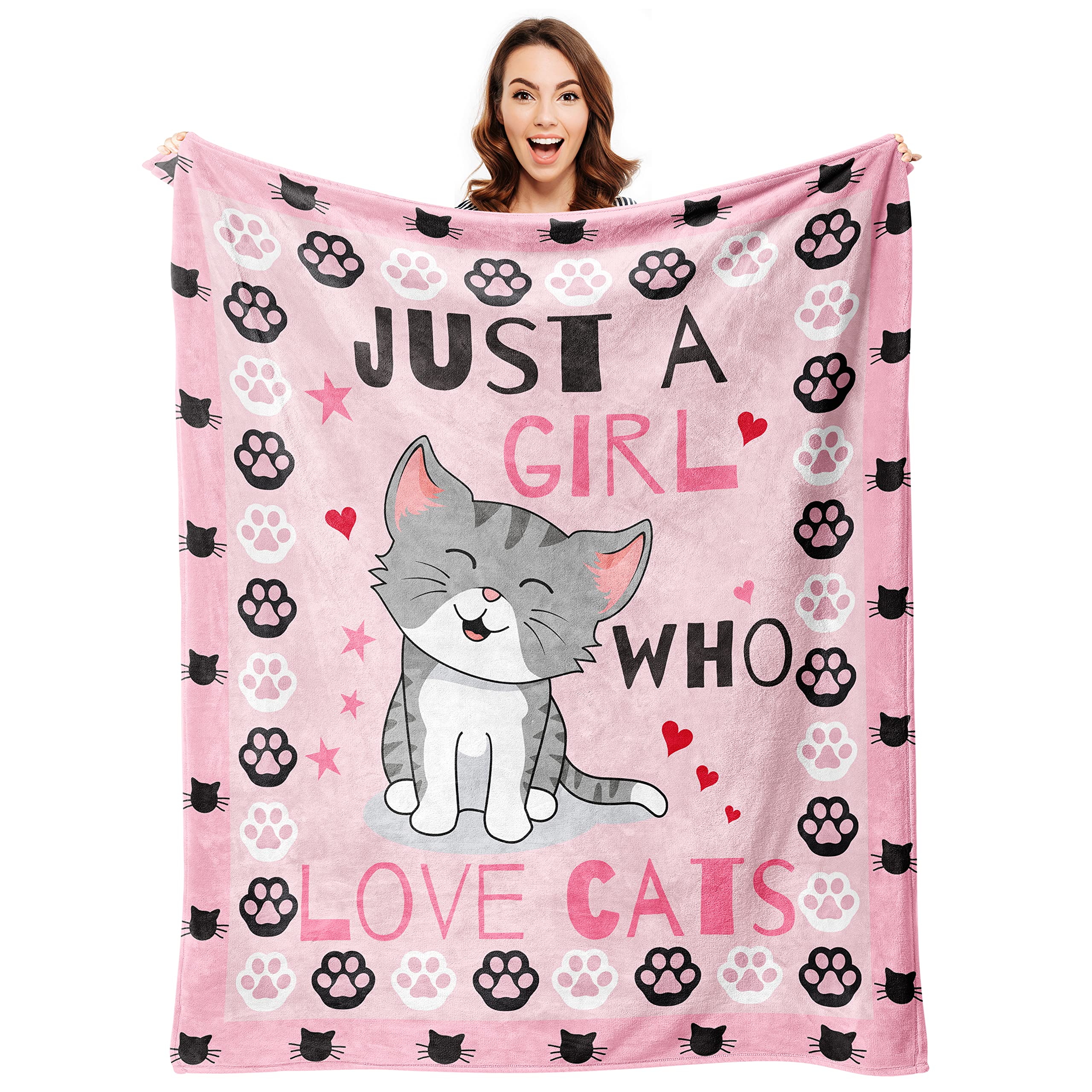 Cute Cat Throw Blanket Ultra Soft Warm Cozy Lightweight Microfiber Blankets, Just A Girl Who Loves Cats, Flannel Sherpa Fuzzy Fl