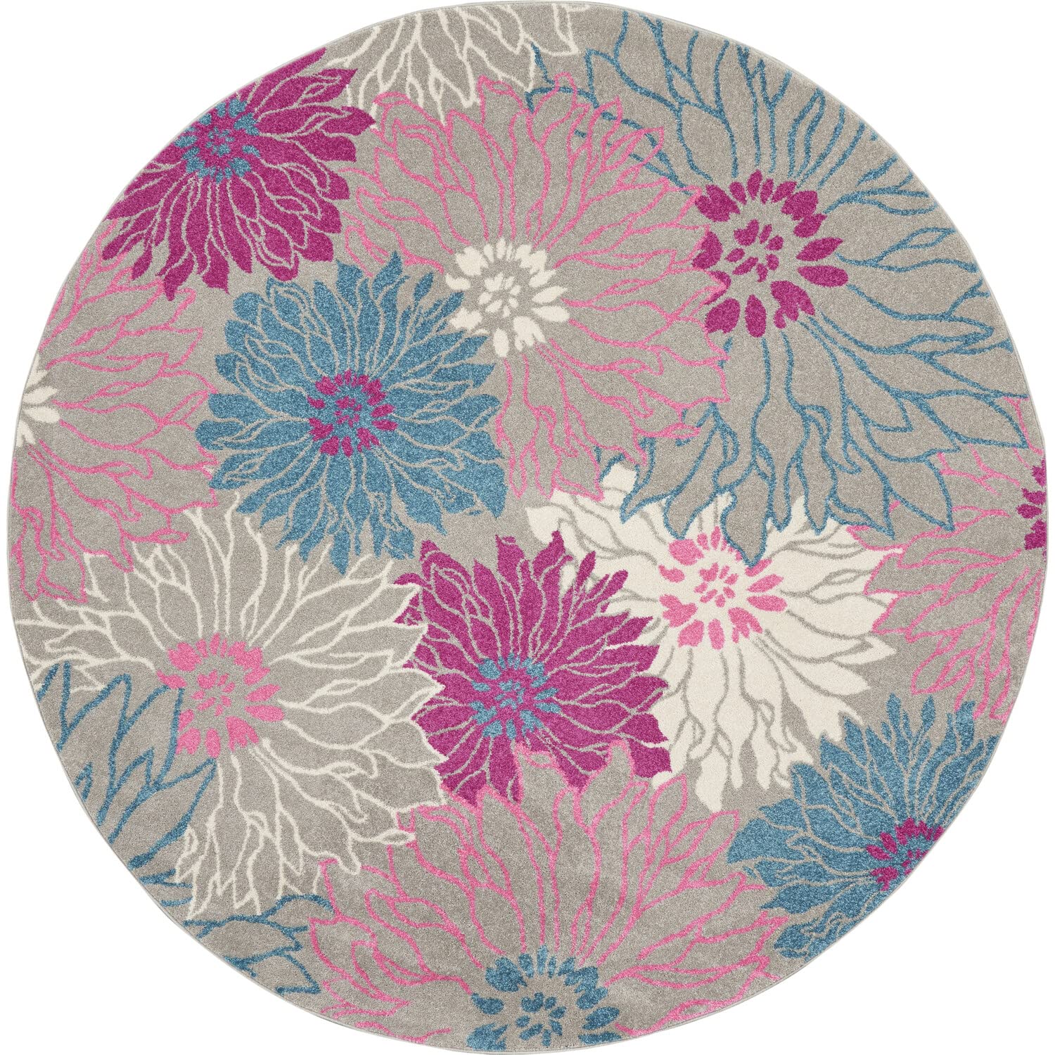 Nourison Passion Grey 8' X Round Area Rug, Floral, Farmhouse, Easy Cleaning, Non Shedding, Bed Room, Living Room, Dining Room, Kitchen, (8' Round)