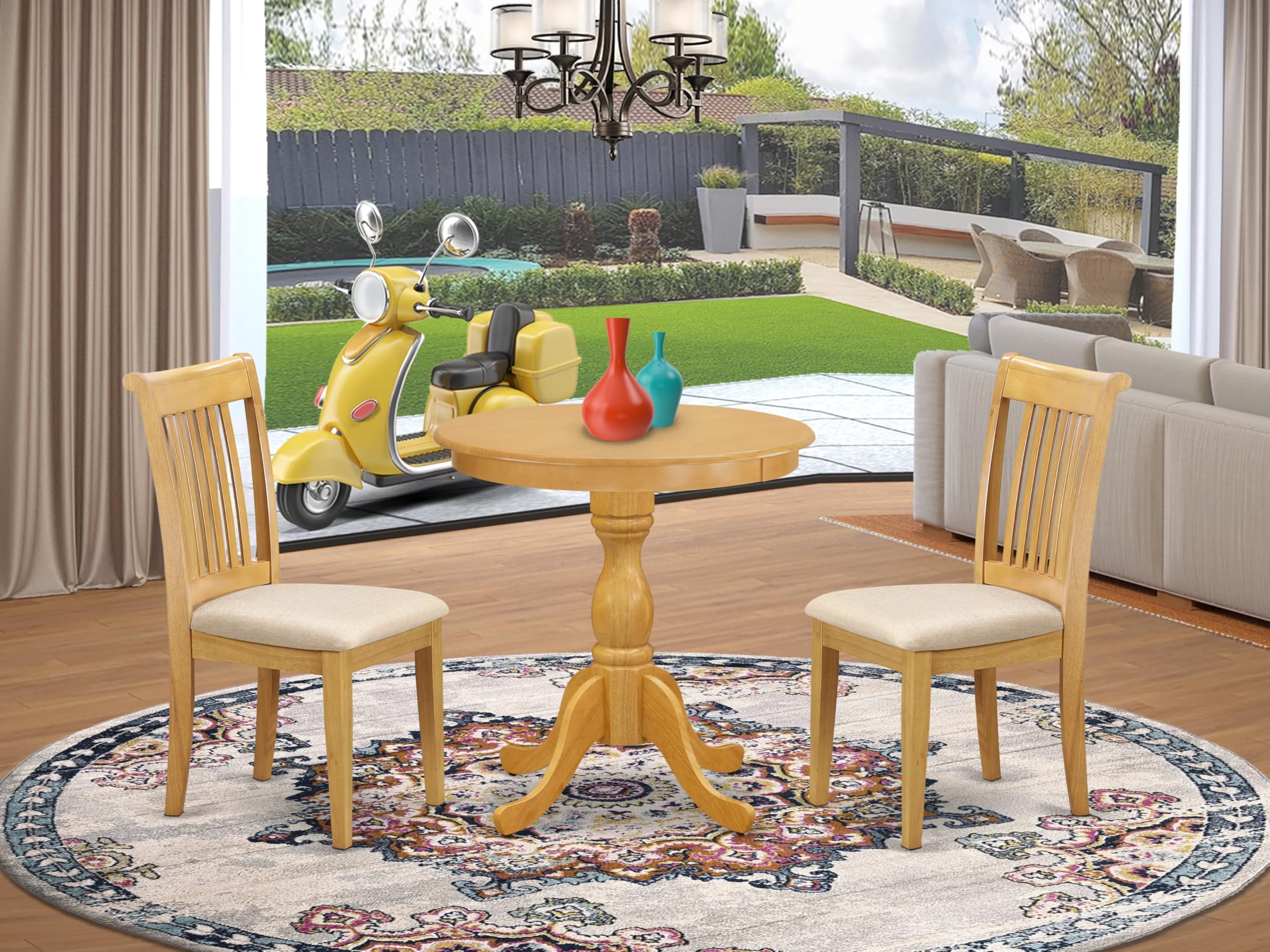 East West Furniture Espo3-Oak-C 3 Piece Modern Dining Table Set Contains A Round Wooden Table With Pedestal And 2 Linen Fabric Kitchen Dining Chairs, 30X30 Inch, Oak