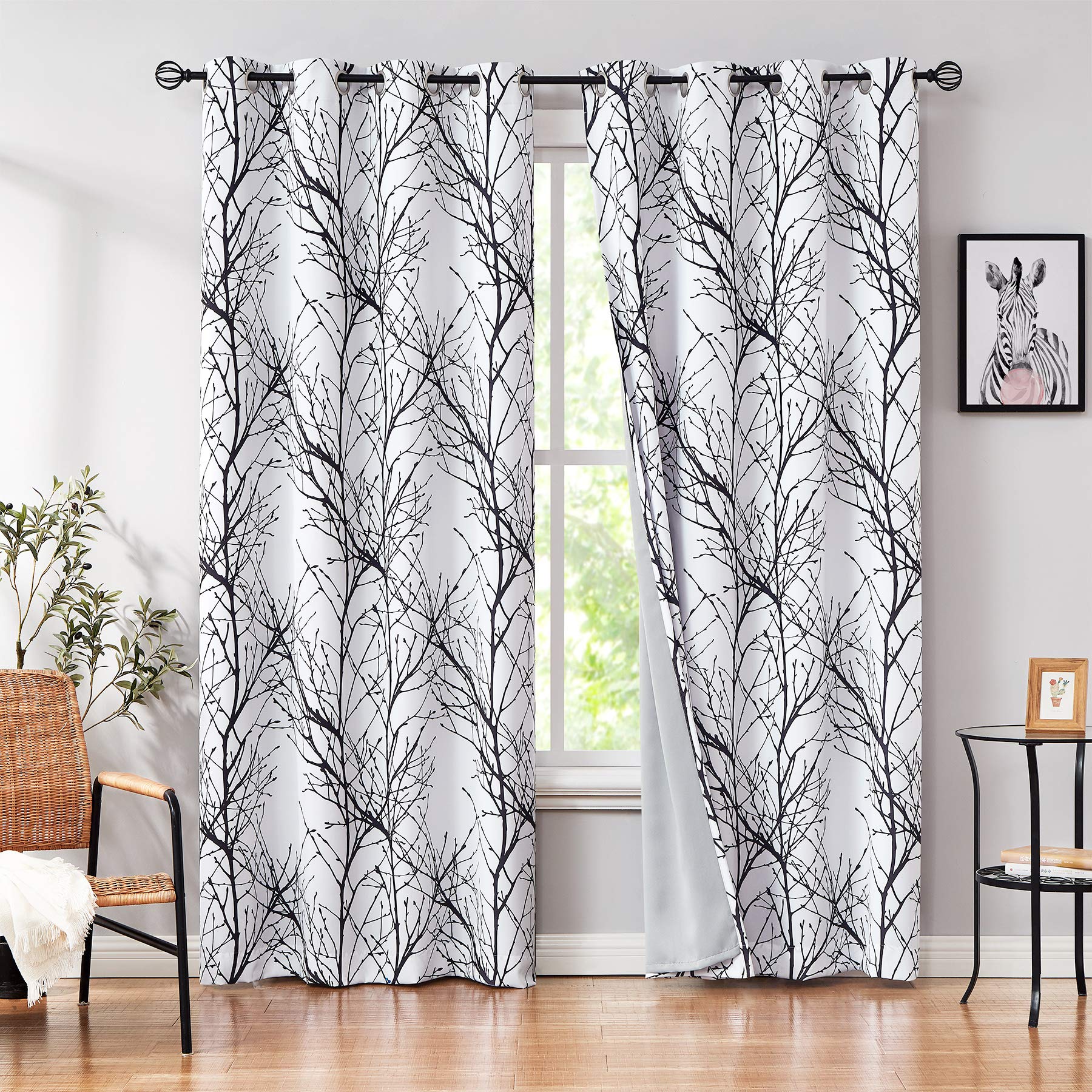 Fmfunctex Black Branch Window Curtain Panels 96 Inch Long Thermal Insulated White Tree Branch Curtain Drapes With Grey Curtain L