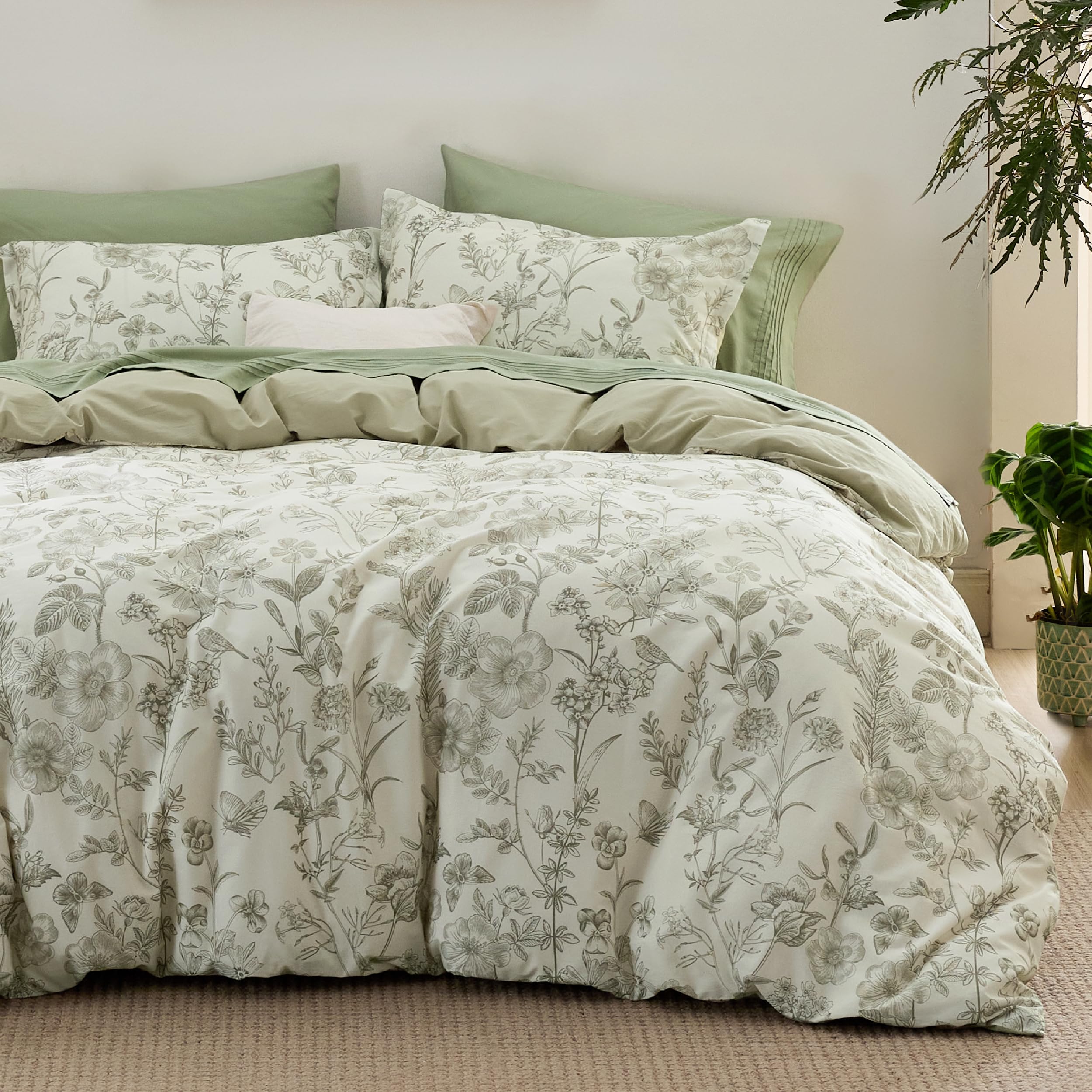 Bedsure Duvet Cover Queen Size - 100% Cotton Botanical Green Duvet Cover Set with Zipper, Reversible Floral Bedding Comforter Co