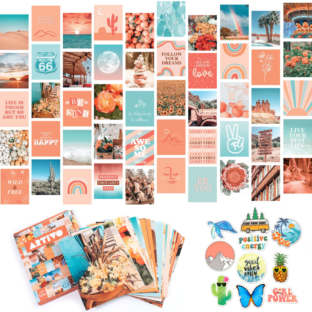 Peach Aesthetic Wall Collage Kit, Room Decor for Teen Girls, Peachy Teal Wall Art Print, Dorm Photo Collection, Boho Posters for