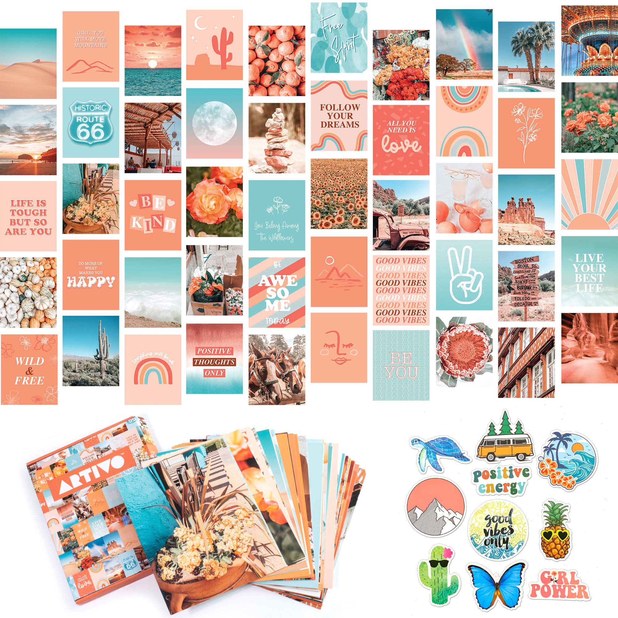 Peach Aesthetic Wall Collage Kit, Room Decor for Teen Girls, Peachy Teal Wall Art Print, Dorm Photo Collection, Boho Posters for