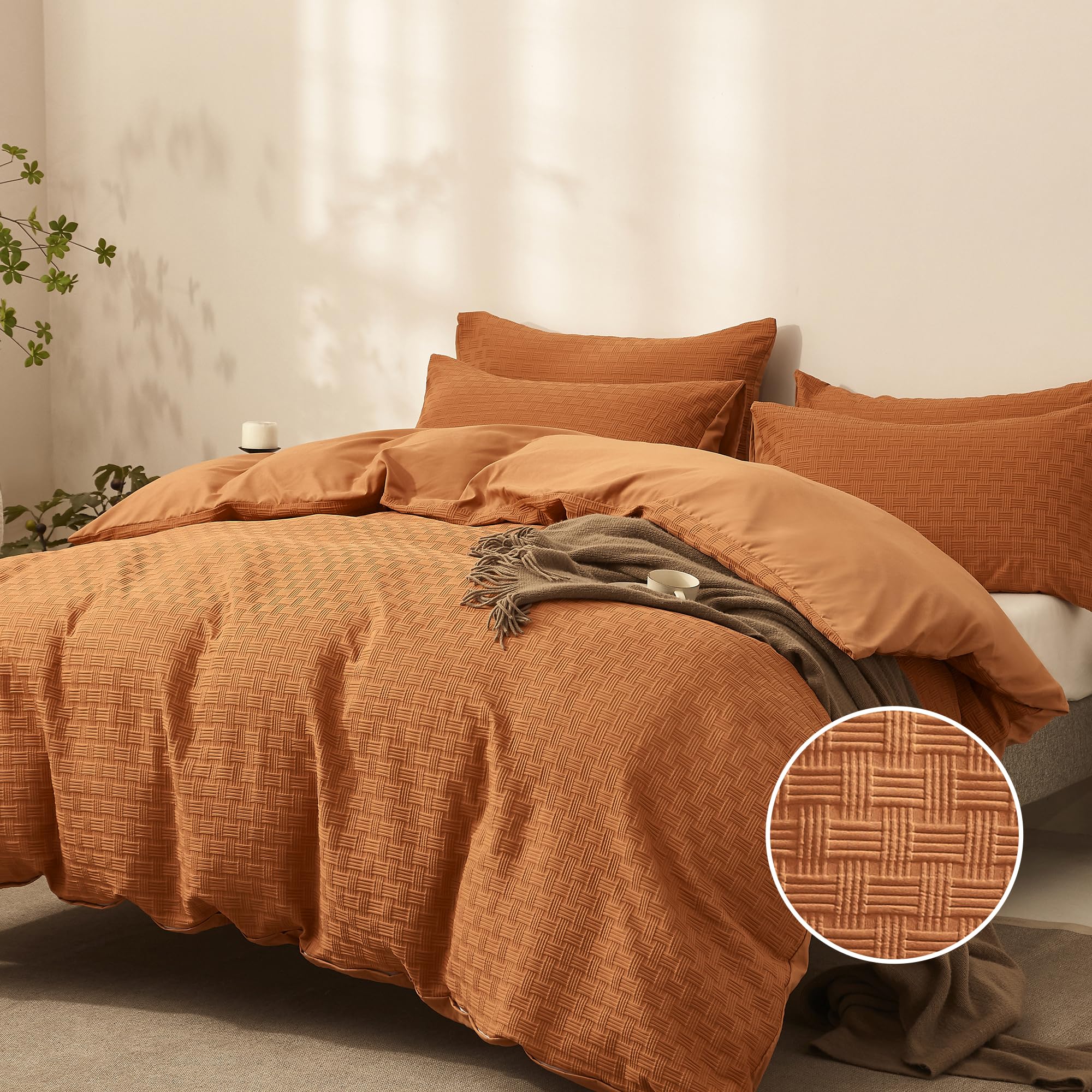 Jellymoni Caramel Duvet Cover King Size - 3 Pieces Soft And Breathable Microfiber Knitted Jacquard Waffle Weave Striped Comforte