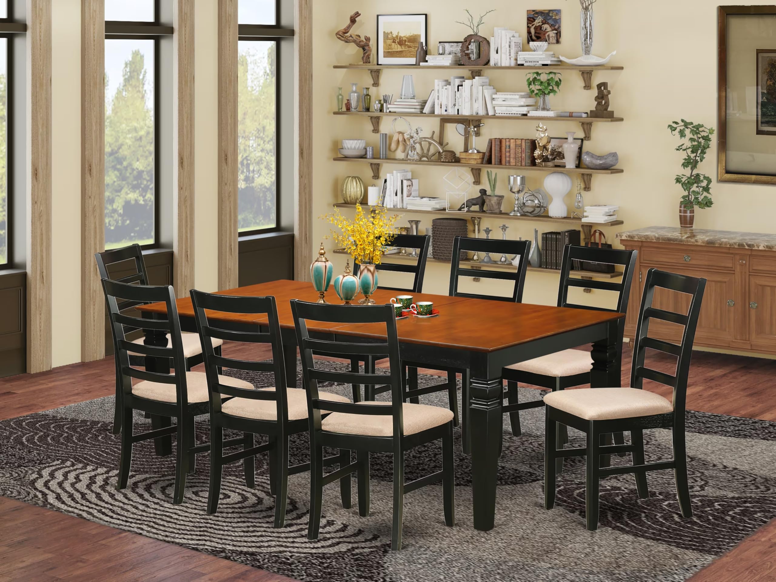 East West Furniture LGPF9-BCH-C 9 Piece Dining Table Set Includes a Rectangle Dining Room Table with Butterfly Leaf and 8 Linen Fabric Upholstered Chairs, 42x84 Inch, Black & Cherry