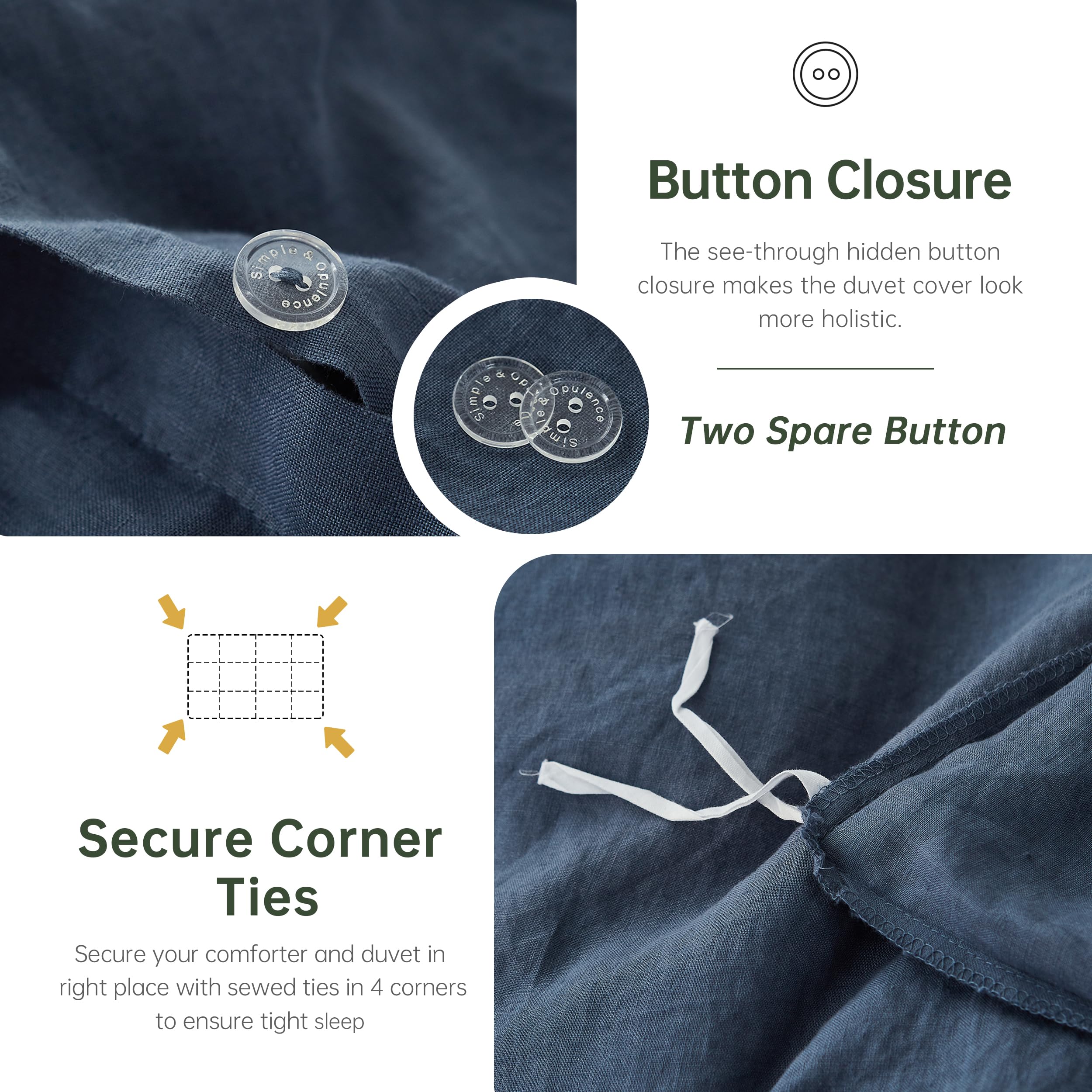 Simple&Opulence 100% Linen Duvet Cover Set, 3 Pcs Pure Natural French Flax Classic Blue Duvet Cover King Size, Breathable Soft C