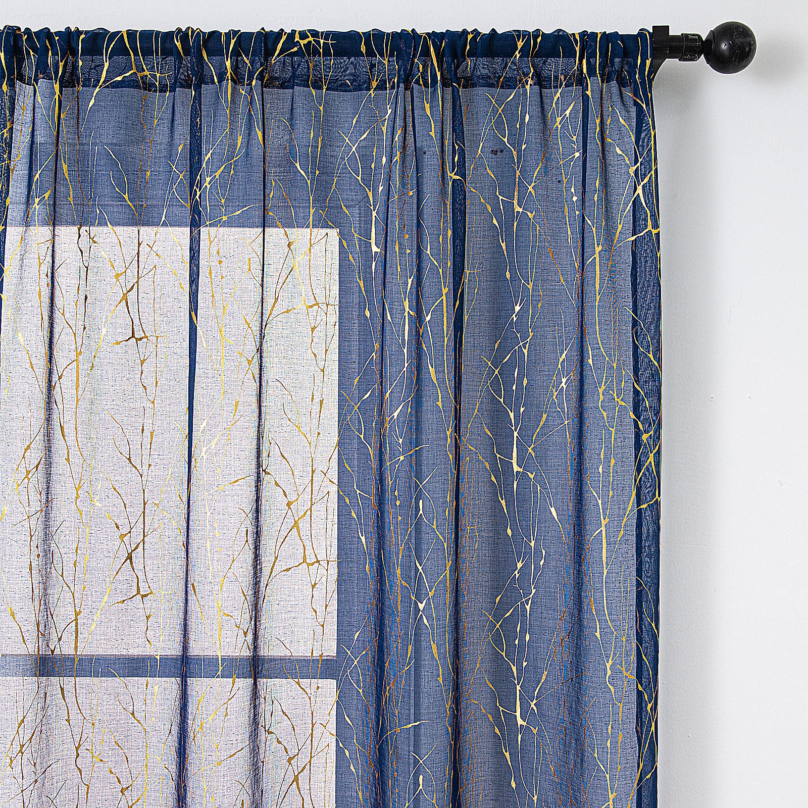 Deeprove Sheer Curtains 96 Inch Length 2 Panels Set, Tree Branch Gold Foil Print Metallic For Bedroom Abstract Christmas Decor,