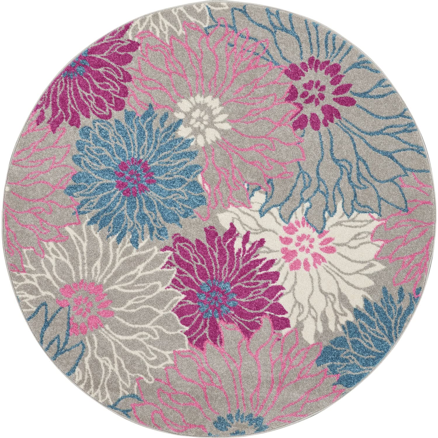 Nourison Passion Grey 4' X Round Area Rug, Floral, Farmhouse, Easy Cleaning, Non Shedding, Bed Room, Living Room, Dining Room, Kitchen, (4' Round)