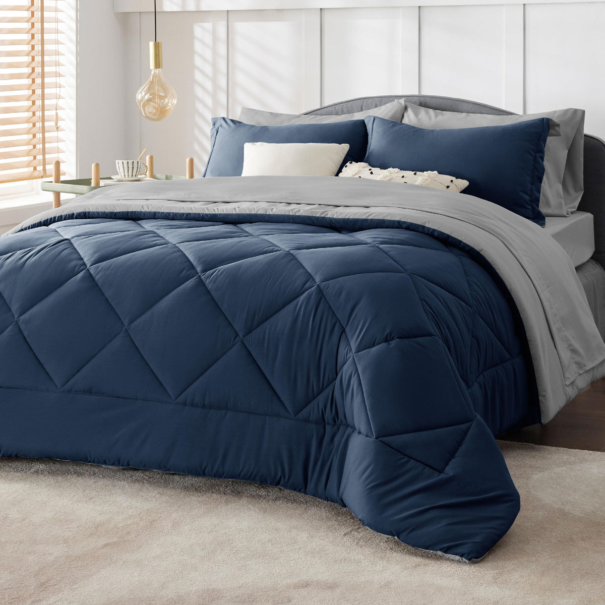 Bedsure Twin Bed Set - 5 Pieces Reversible Twin Comforter Set, Navy Extra Long Twin Bed In A Bag With Comforters, Sheets, Pillow