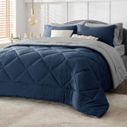 Bedsure Navy California King Comforter Set - 7 Pieces Reversible Bed Set, Bed In A Bag Cal King With Comforters, Sheets, Pillowc