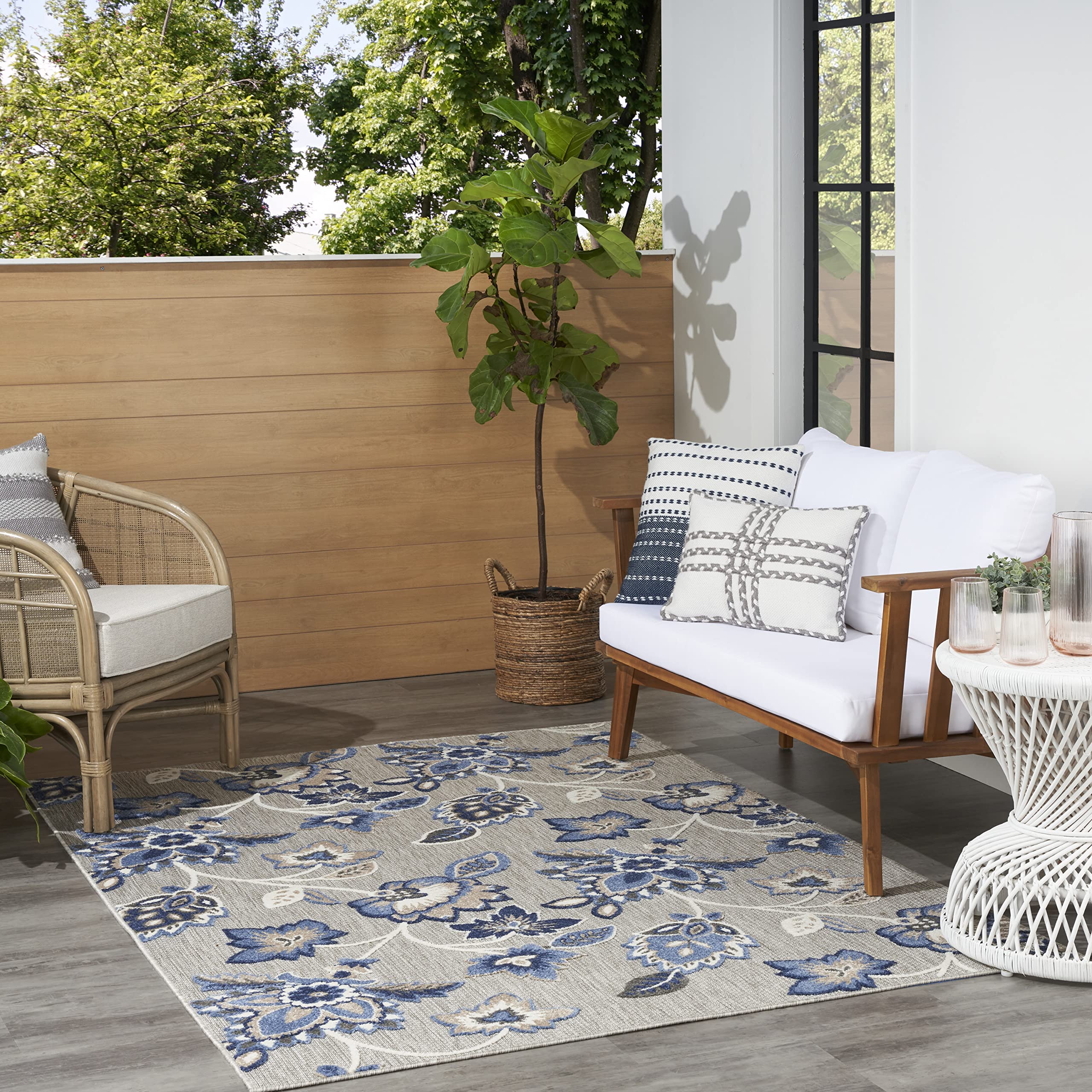Nourison Aloha Indoor/Outdoor Modern Blue/Grey 7'10' X 10'6' Area Rug, Easy Cleaning, Non Shedding, Bed Room, Living Room, Dining Room, Kitchen (8X11)