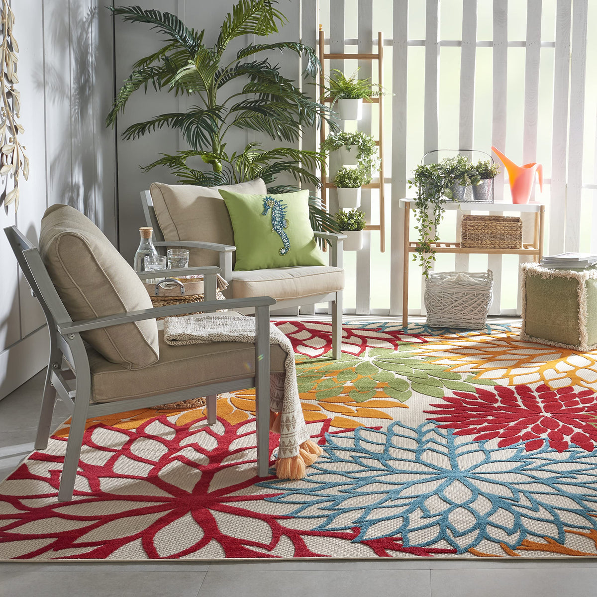 Nourison Aloha Indoor/Outdoor Green 6' X 9' Area Rug, Easy Cleaning, Non Shedding, Bed Room, Living Room, Dining Room, Deck, Bac