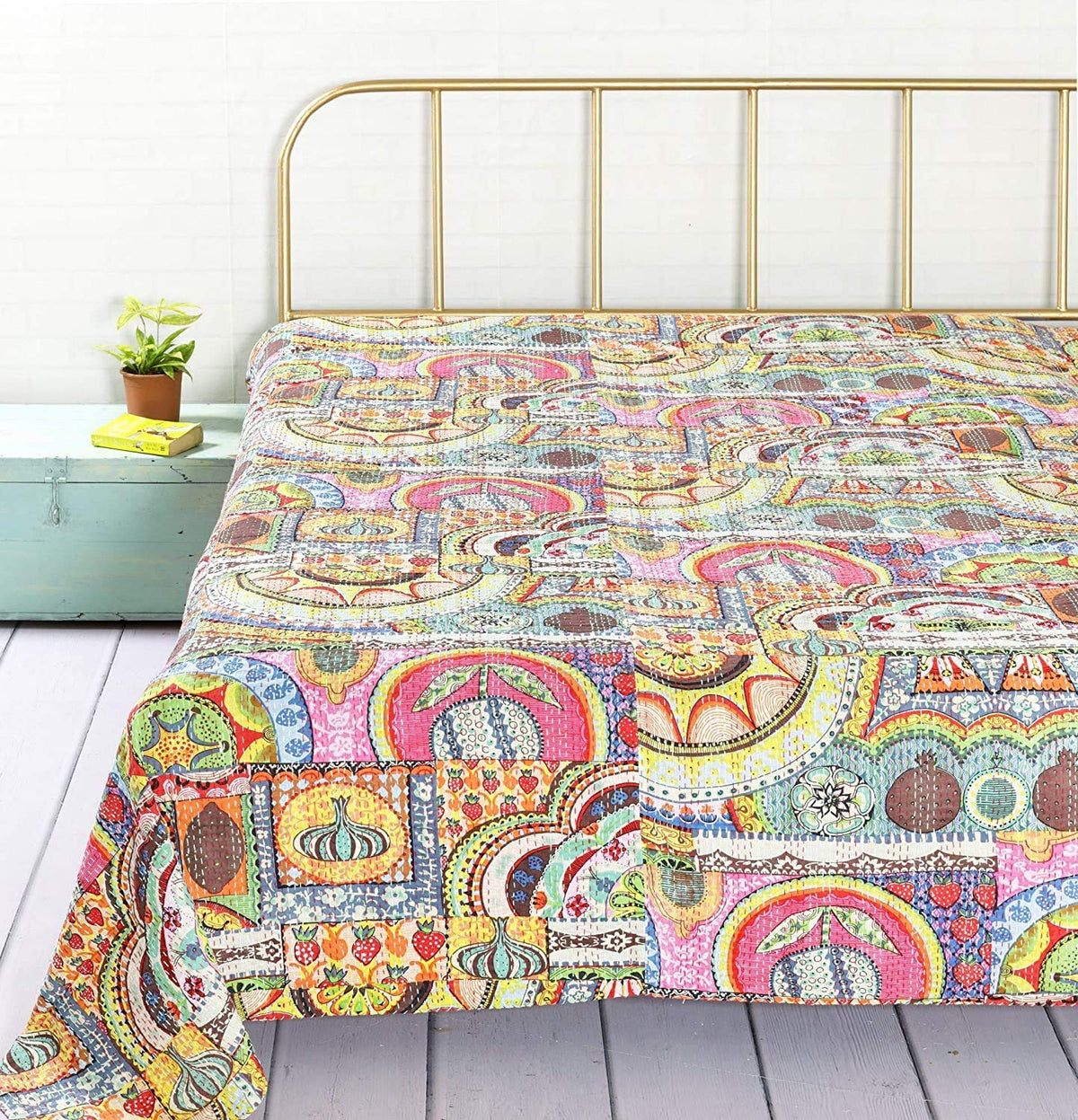 Textile Work Creations Floral Patch Design Kantha Quilt Bedspread Gudari Hand Printed Cotton Bedding Quilt for Double (Multi Col