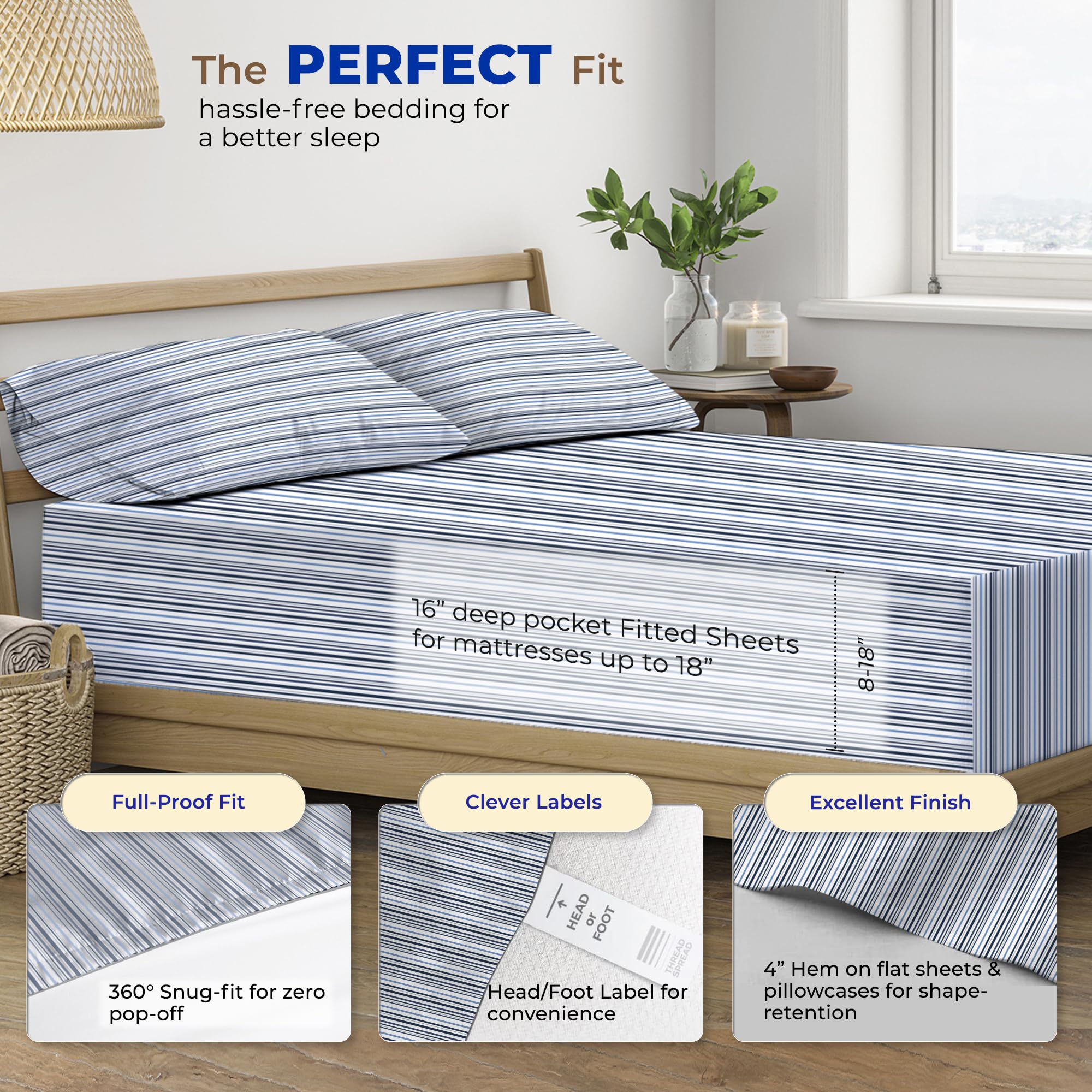 Thread Spread 100% Egyptian Cotton Printed Bed Sheets - 600 Thread Count 4 Pc King Sheet Set, Hotel Luxury Sateen Bedsheets, 16' Deep Pocket Soft Cooling Sheets For King Size Bed - Variegated Stripe