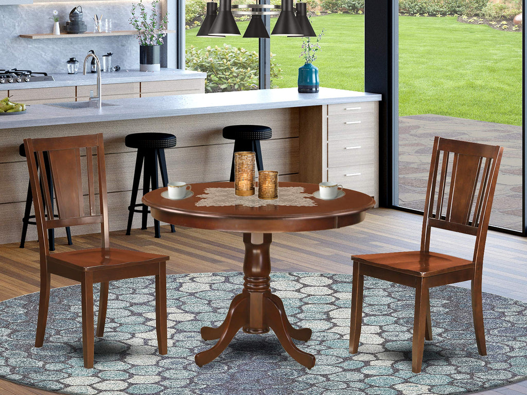 East West Furniture HLDU3-MAH-W 3 Piece Dining Set Contains a Round Dining Room Table with Pedestal and 2 Kitchen Chairs, 42x42 Inch, Mahogany
