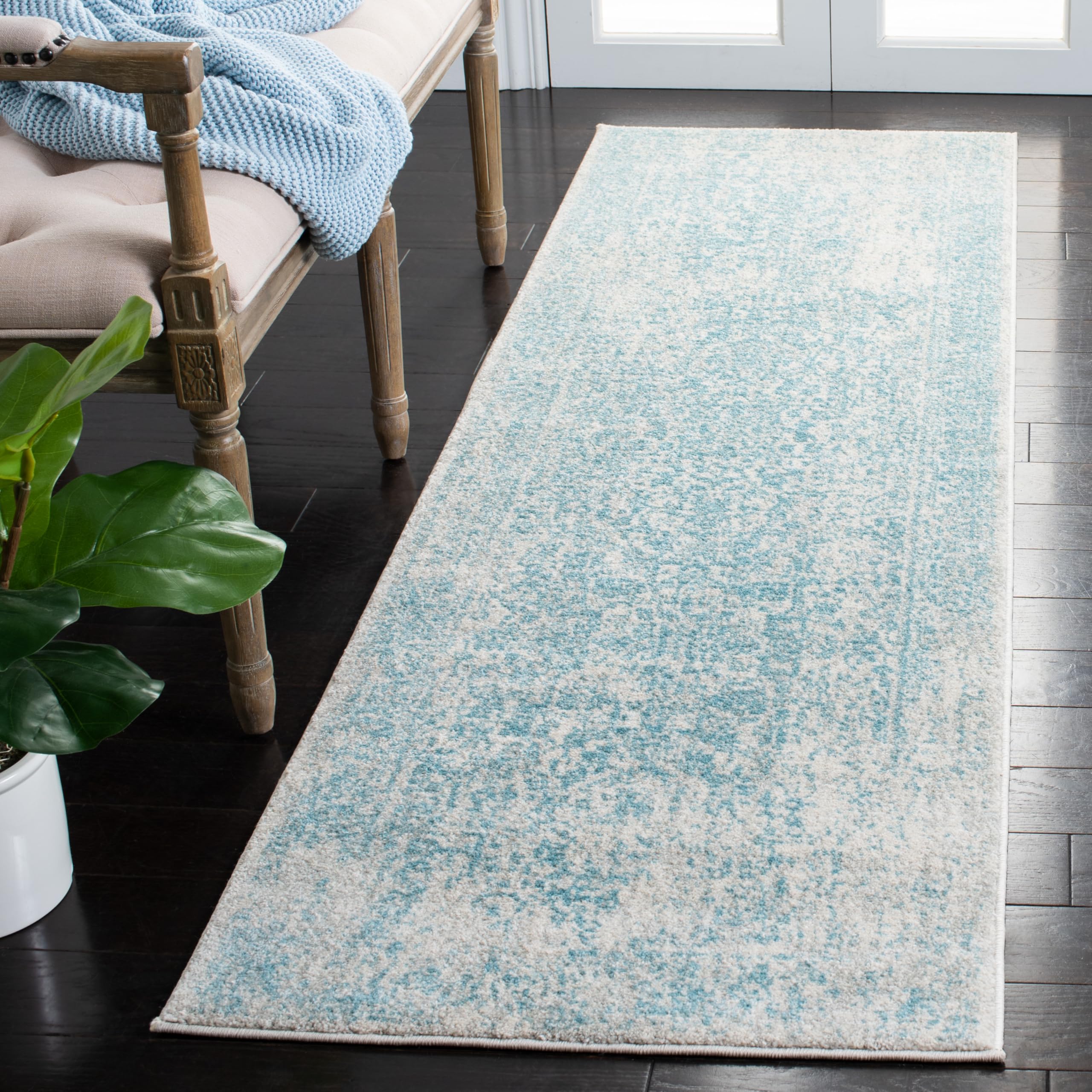 SAFAVIEH Evoke Collection Runner - 22 x 9, Ivory & Aqua, Distressed Design, Non-Shedding & Easy Care, Ideal for High Traffic A