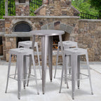 Flash Furniture Ormsby Commercial Grade 24" Round Silver Metal Indoor-Outdoor Bar Table Set with 4 Square Seat Backless Stools