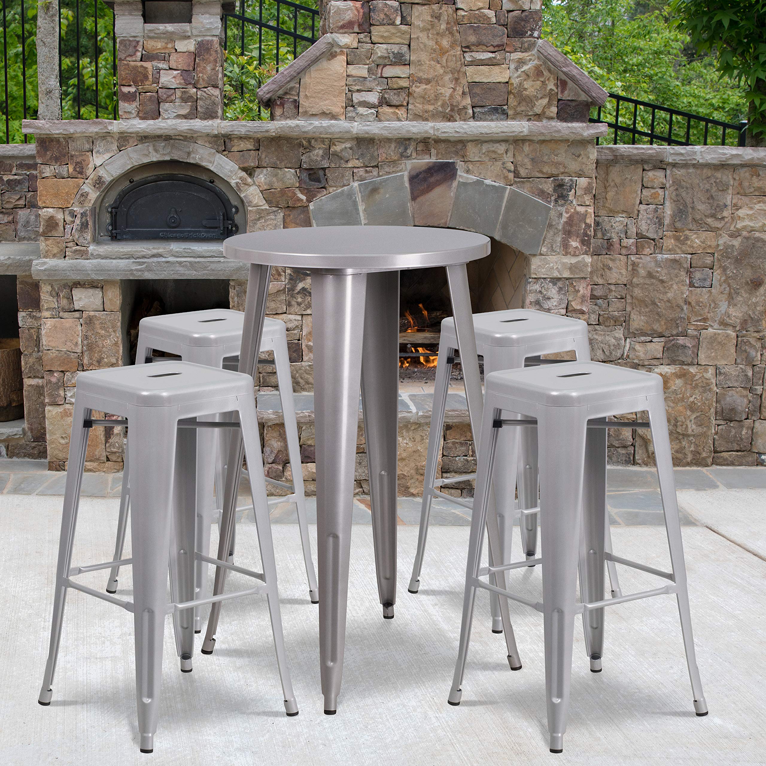 Flash Furniture Ormsby Commercial Grade 24" Round Silver Metal Indoor-Outdoor Bar Table Set with 4 Square Seat Backless Stools