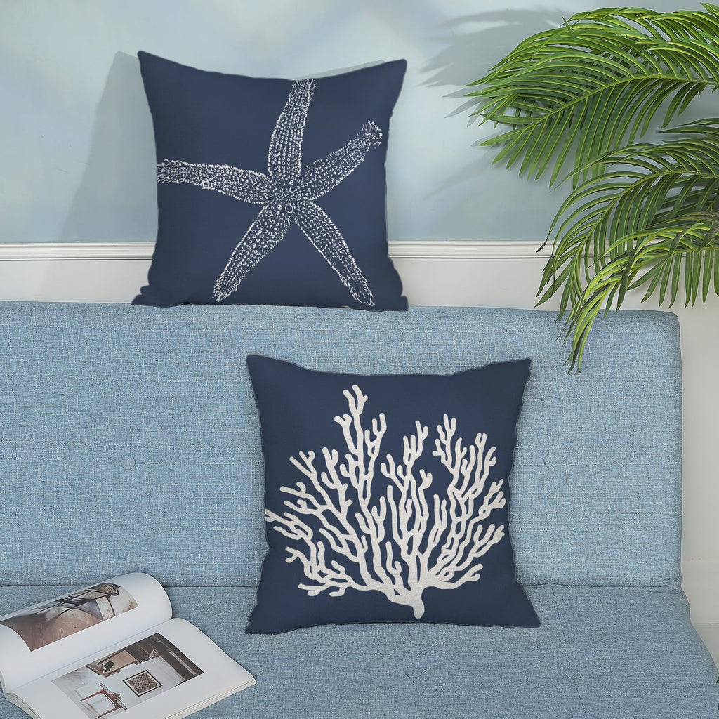 Golianda Navy Blue Coral Starfish Pillow Covers 16X16 Inch Set Of 2 Coastal Throw Pillows Spring Summer Nautical Beach Ocean Dec