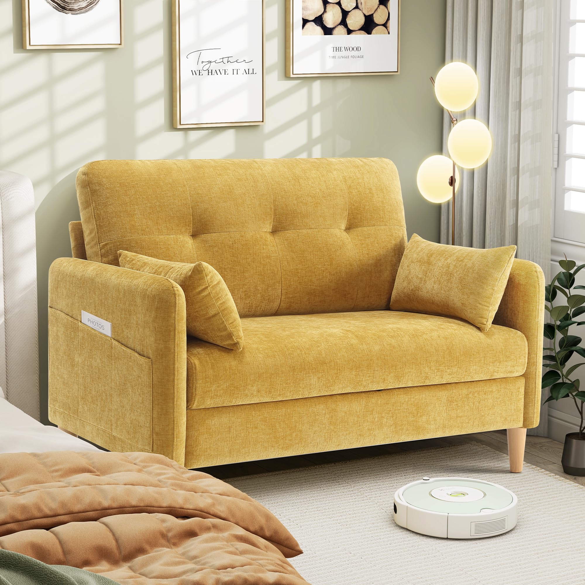 Hanherry Loveseat Sofa, 47    Small Couch for Living Room, Comfy Chenille Fabric Love Seat for Bedroom with Throw Pillow,Removab