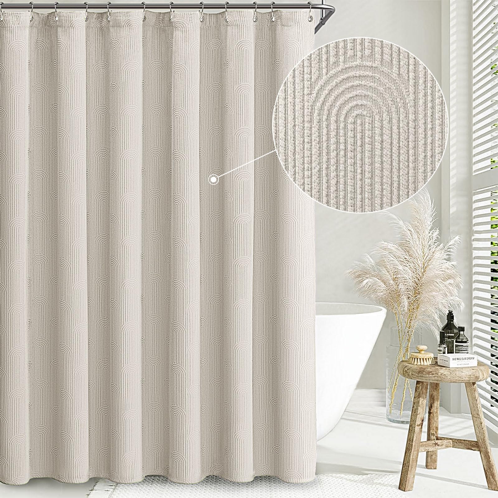 Awellife Linen Shower Curtains For Bathroom Ivory Linen Blend Fabric Cotton Bohemian Mid Century Boho Minimalist Arch 72' L X 7