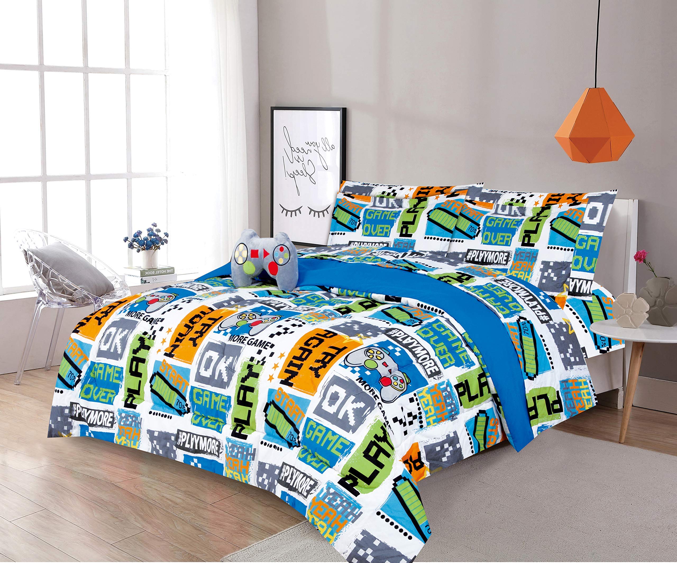 Sapphire Home 8 Piece Gamer Bedding Set Queen, Bed In A Bag, Kids Comforter Set With Bed Sheets, Pillow Case, Toy Pillow, Toddle