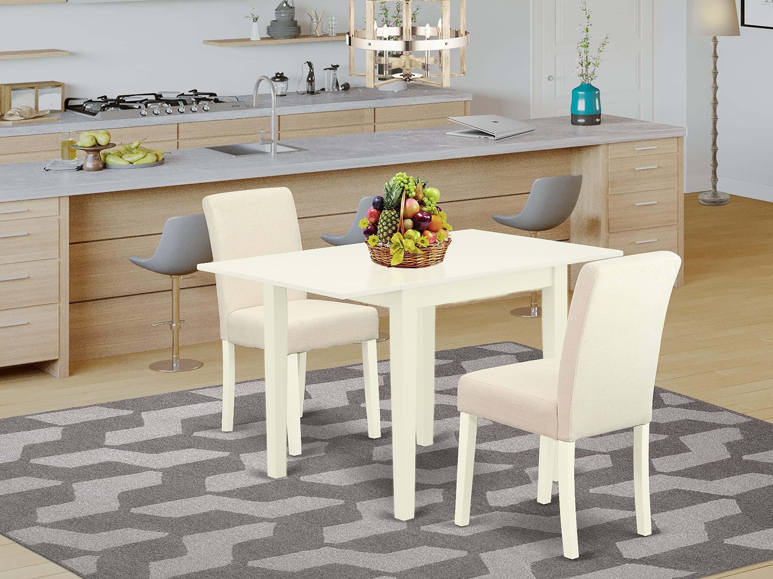 East West Furniture 3 Piece Kitchen Table Set Contains a Rectangle Dining Room Table with Dropleaf and 2 Light Beige Linen Fabric Parson Dining Chairs