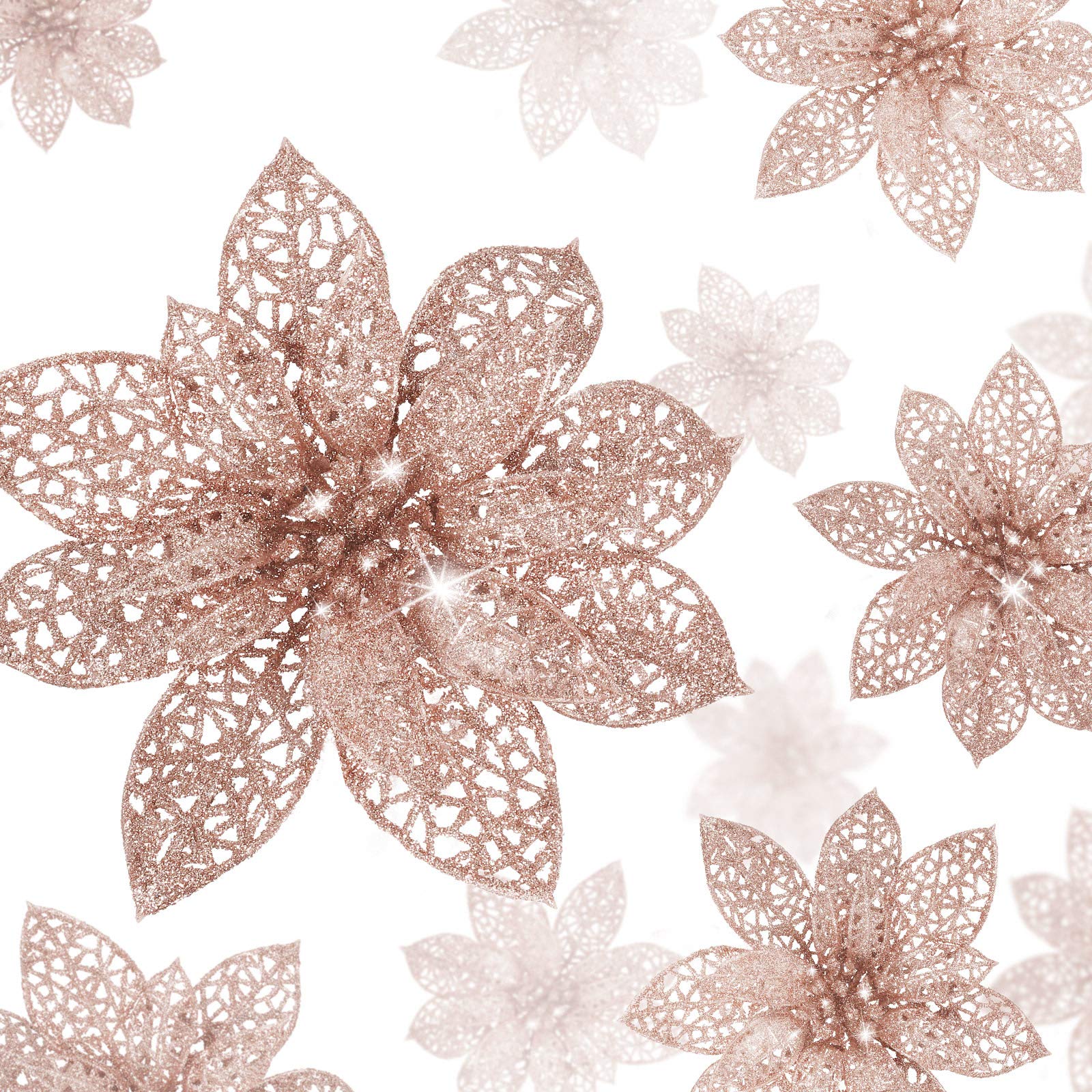 WILLBOND 36 Pieces Christmas Poinsettia Flowers Artificial Ornaments Glitter Christmas Decorations Tree Wedding New Year(Rose Go