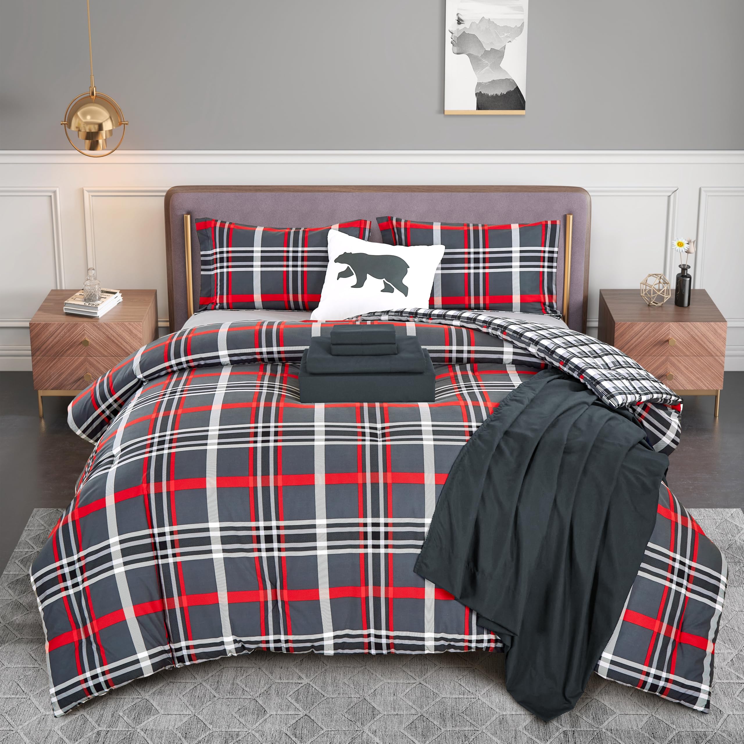 Elegant Comfort Silky Soft 8-Piece Plaid Lodge Bed-In-A-Bag Comforter Set, Includes 4Pc Smart Sheet Set, Comforter, Decorative Pillow, Matching Pillowcases And Shams - Full/Queen, Gray