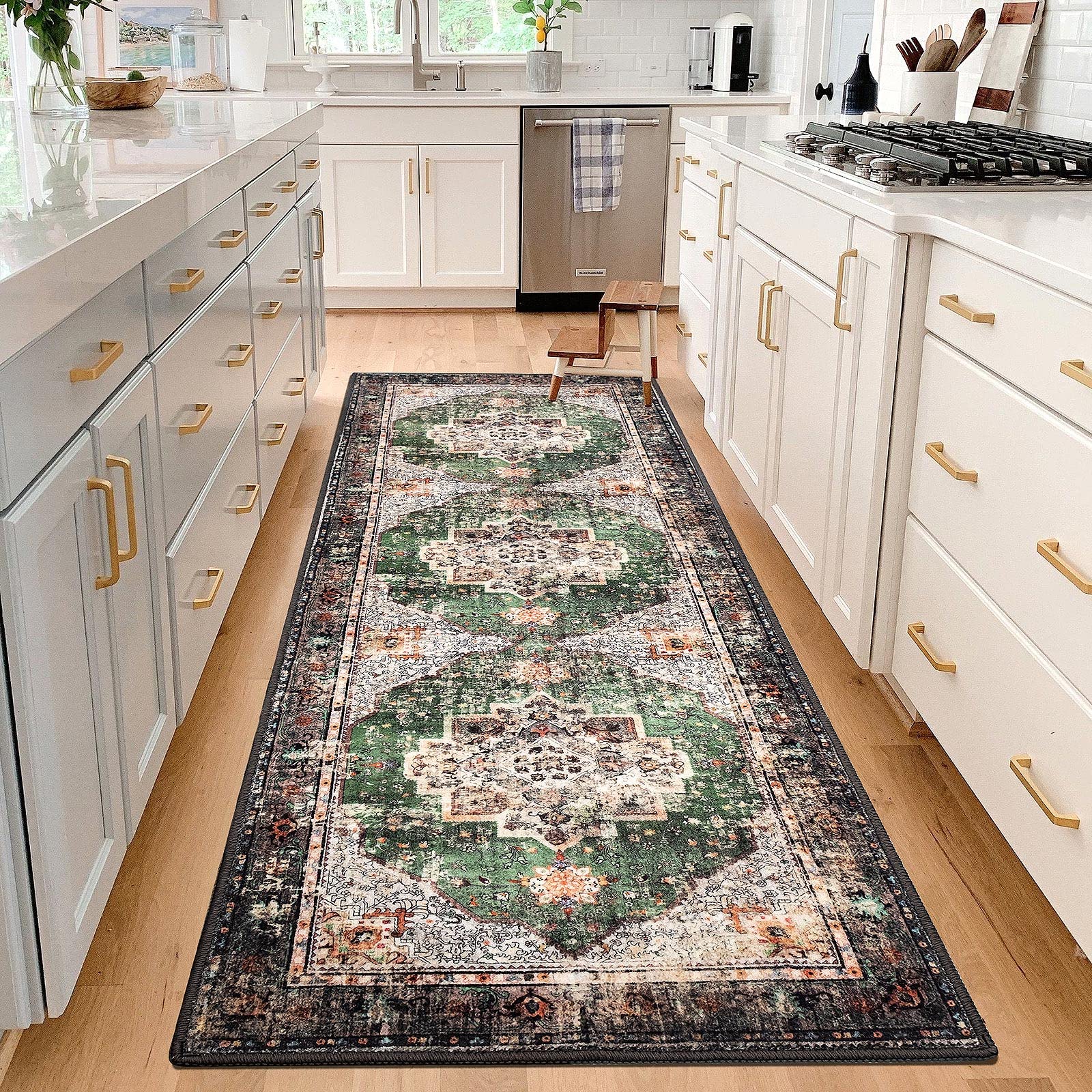 YesRug Washable Runner Rug 2x6 Green Boho Runner Rug for Entryway Hallway Kitchen Laundry Room Bathroom Non Slip Washable Vintag