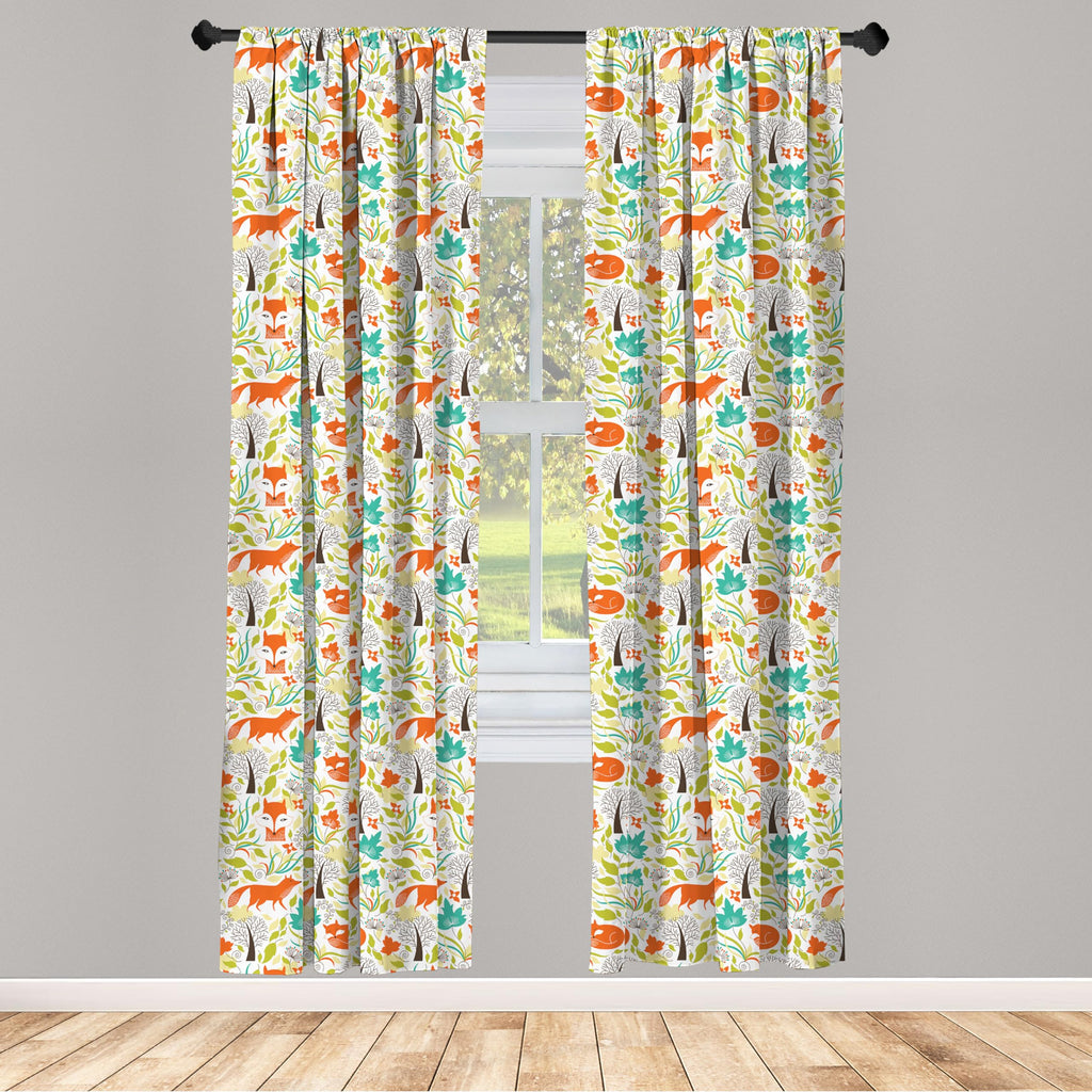 Ambesonne Cartoon Window Curtains, Wild Fox Wolf With Leaves Flowers And Leafless Trees Print, Lightweight Decorative Panels Set