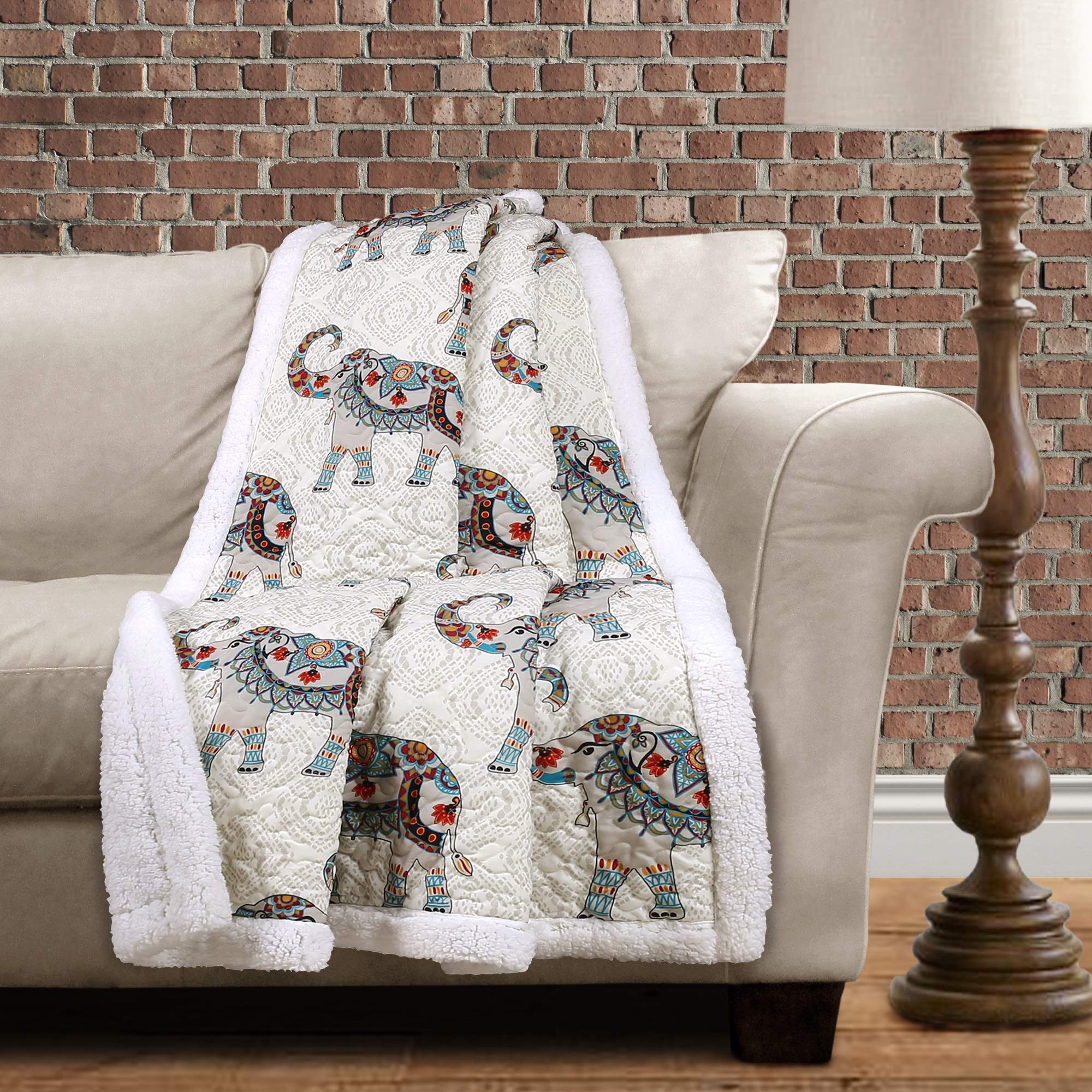 Lush Decor Hati Elephant Throw | Fuzzy Reversible Bohemian Sherpa Blanket - 60    X 50   , Navy And Turquoise