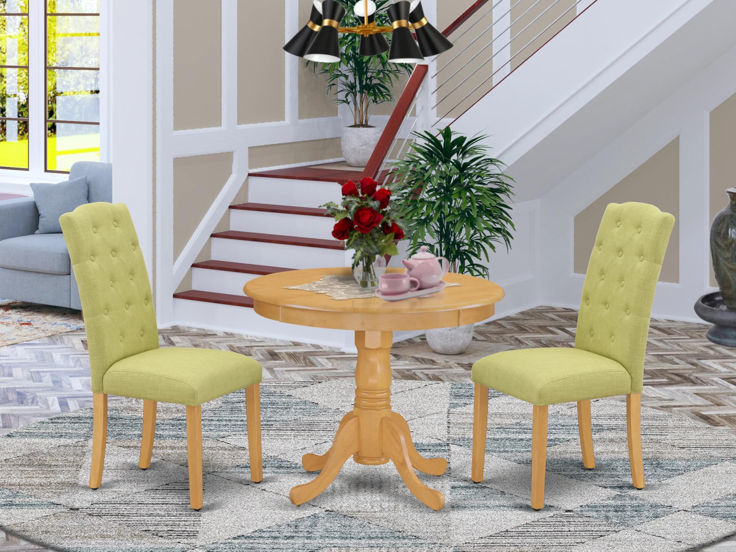 East West Furniture Ance3-Oak-07 3 Piece Dining Set Contains A Round Kitchen Table With Pedestal And 2 Limelight Linen Fabric Upholstered Parson Chairs, 36X36 Inch, Oak