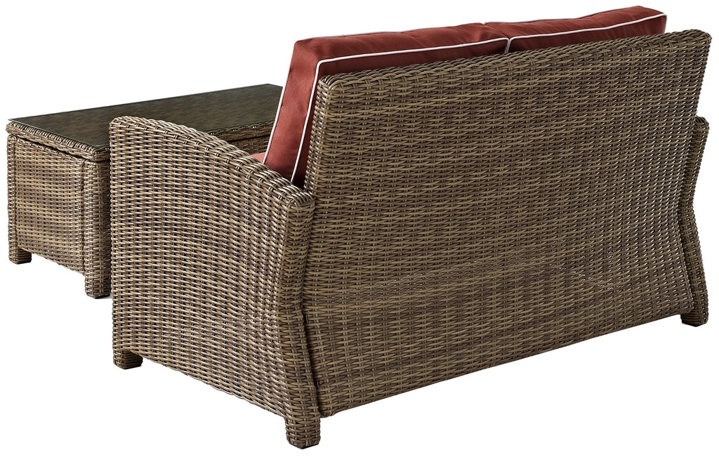 Crosley Furniture Bradenton 2-Piece Wicker Outdoor Coffee Table And Loveseat Patio Furniture Set For Porch, Brown With Sangria Cushions