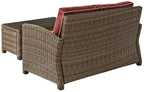 Crosley Furniture Bradenton 2-Piece Wicker Outdoor Coffee Table And Loveseat Patio Furniture Set For Porch, Brown With Sangria Cushions