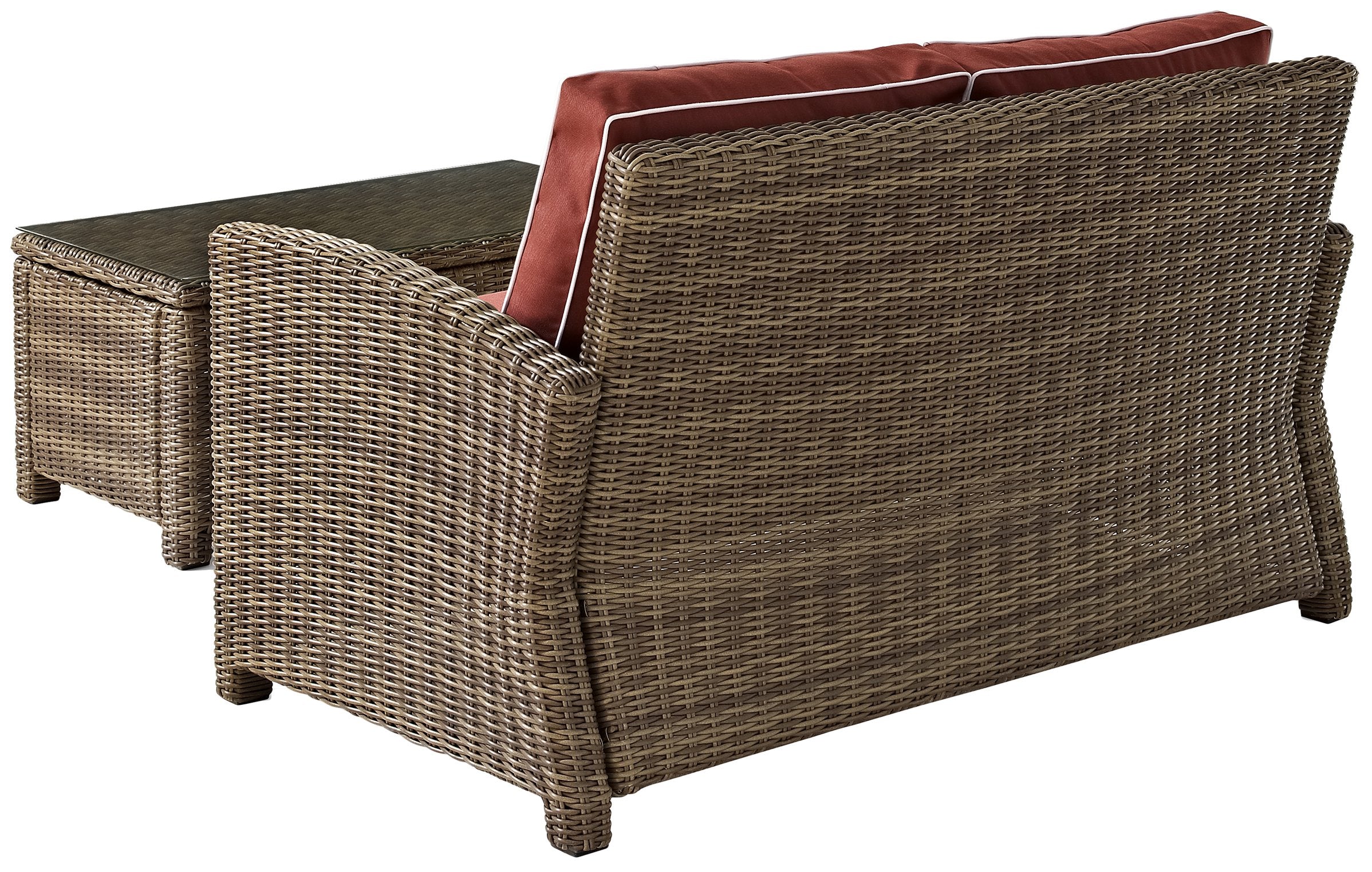 Crosley Furniture Bradenton 2-Piece Wicker Outdoor Coffee Table And Loveseat Patio Furniture Set For Porch, Brown With Sangria Cushions