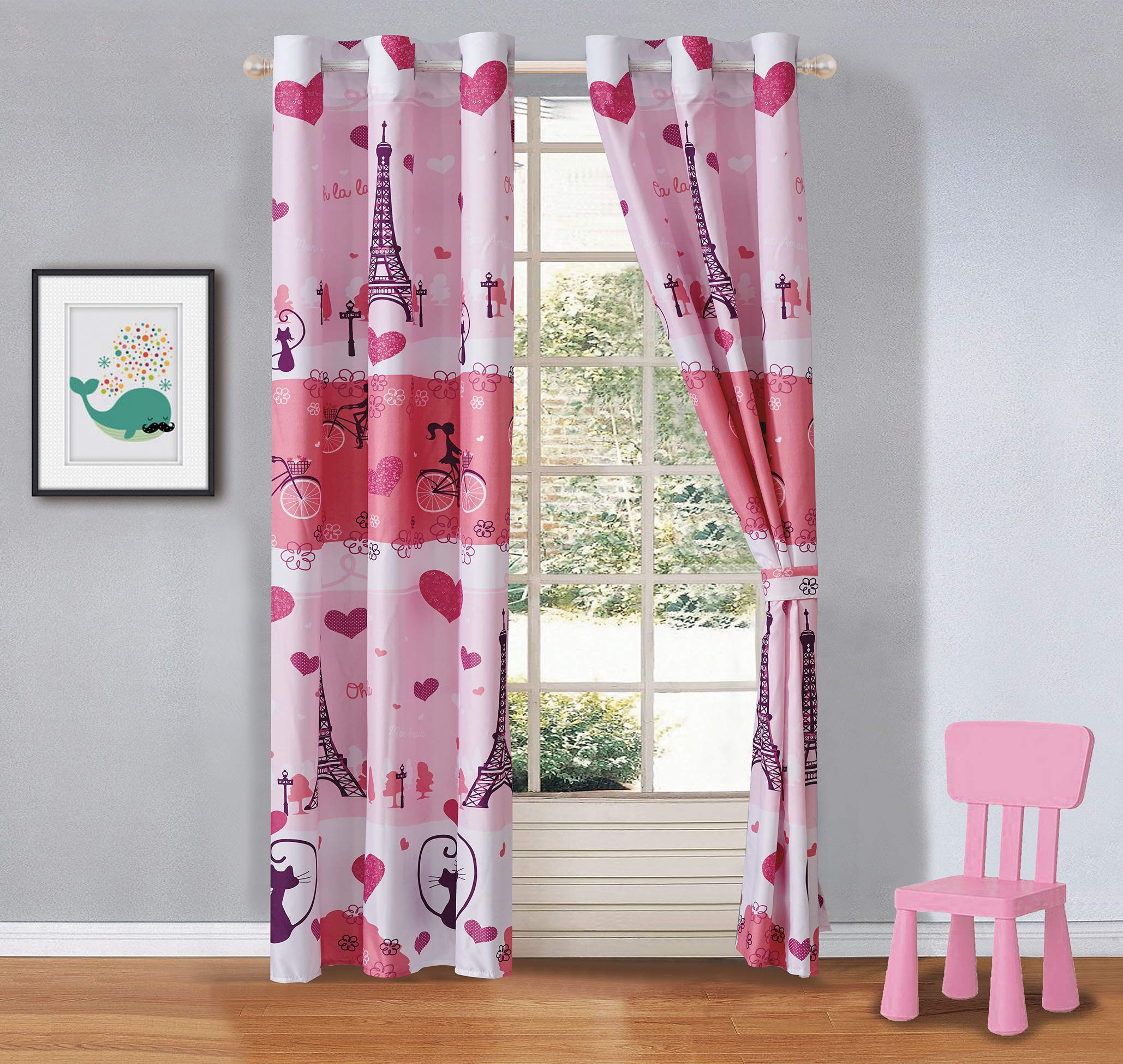 Mk Collection 2 Panel Curtain Set Paris Eiffel Tower Bikes Hearts Flowers Pink Hot Pink White Purple New