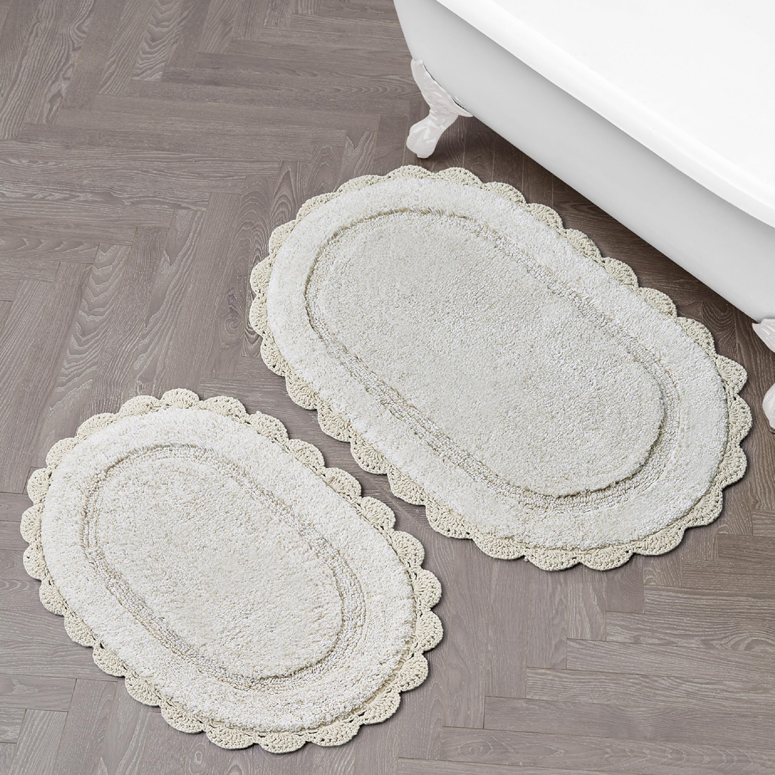 Laura Ashley Eloise 100% Cotton Oval Bath Mat 2-Piece Set with Crochet Border, Soft & Absorbent, Sandshell Beige 17 x 24/20 x 32