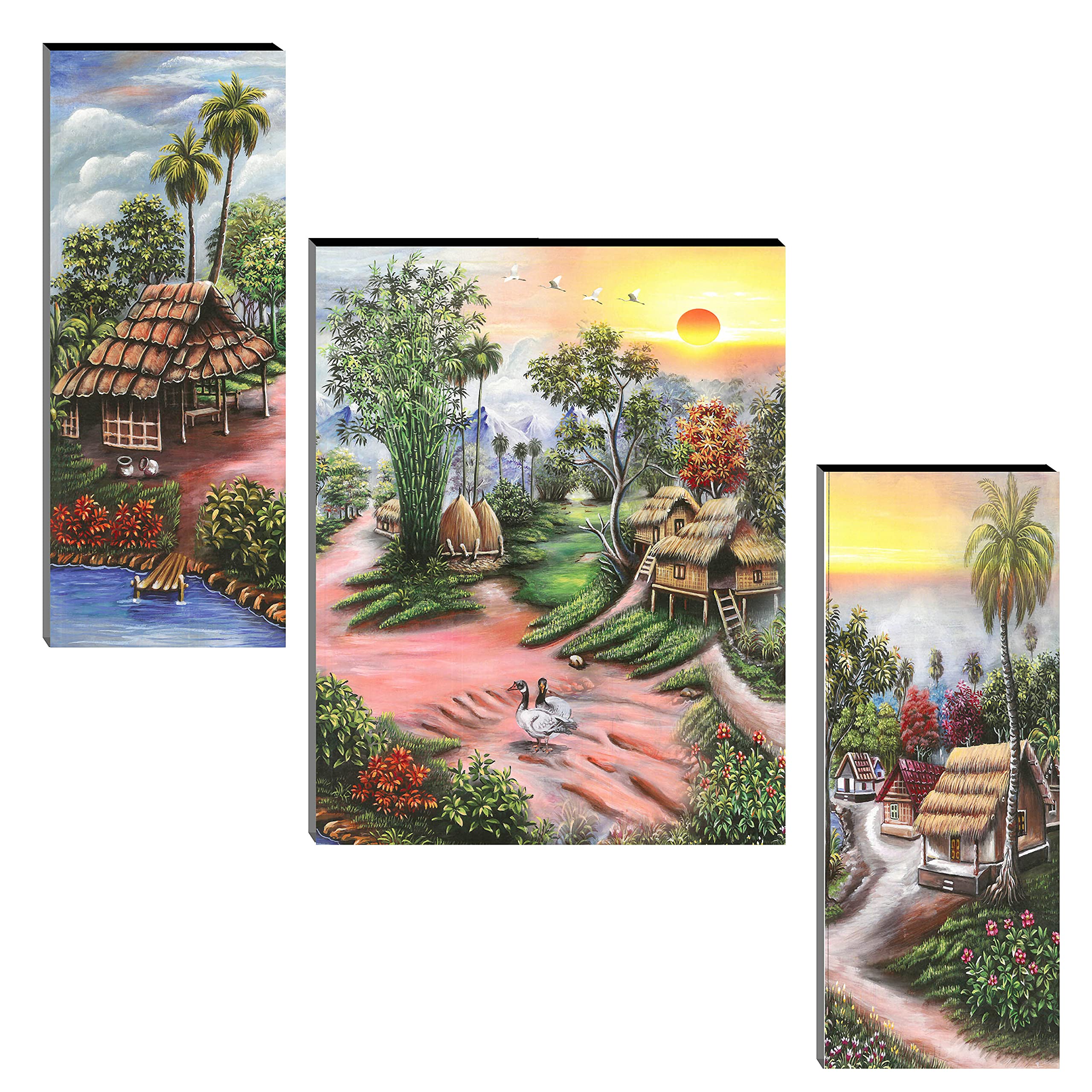 Indianara Set Of 3 Village Art Mdf Art Painting (3727Fl) Without Glass 4.5 X 12, 9 X 12, 4.5 X 12 Inch