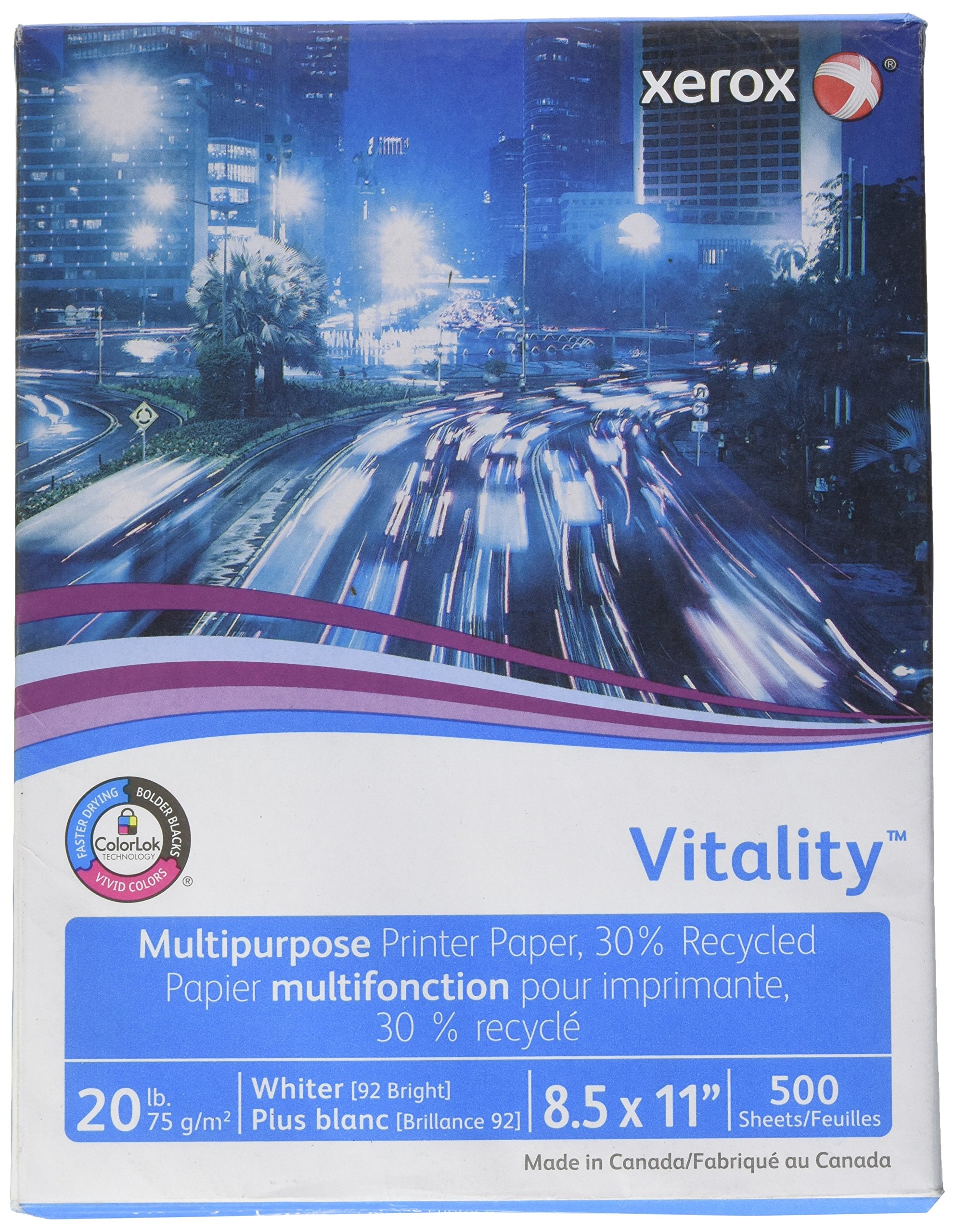 Xerox Vitality 30% Recycled Multipurpose Paper, 92 Bright, 20 Lb Bond Weight, 8.5 X 11, White, 500/Ream