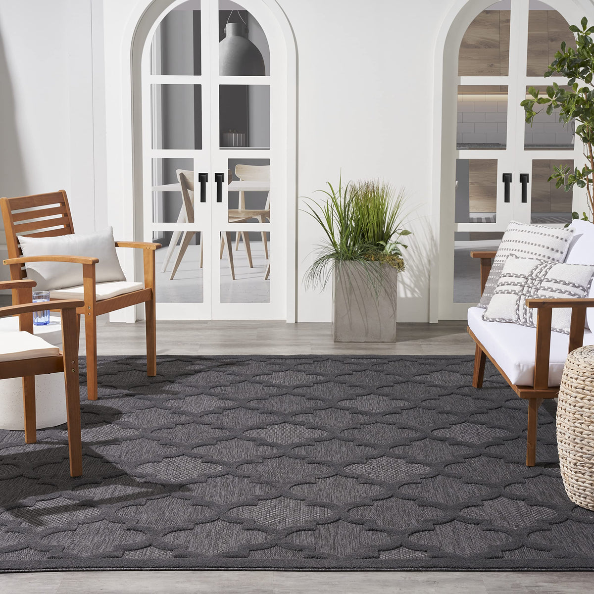 Nourison Easy Care Moroccan Charcoal/Black 8' X 10' Area Rug, Trellis, Easy Cleaning, Non Shedding, Bed Room, Living Room, Dinin