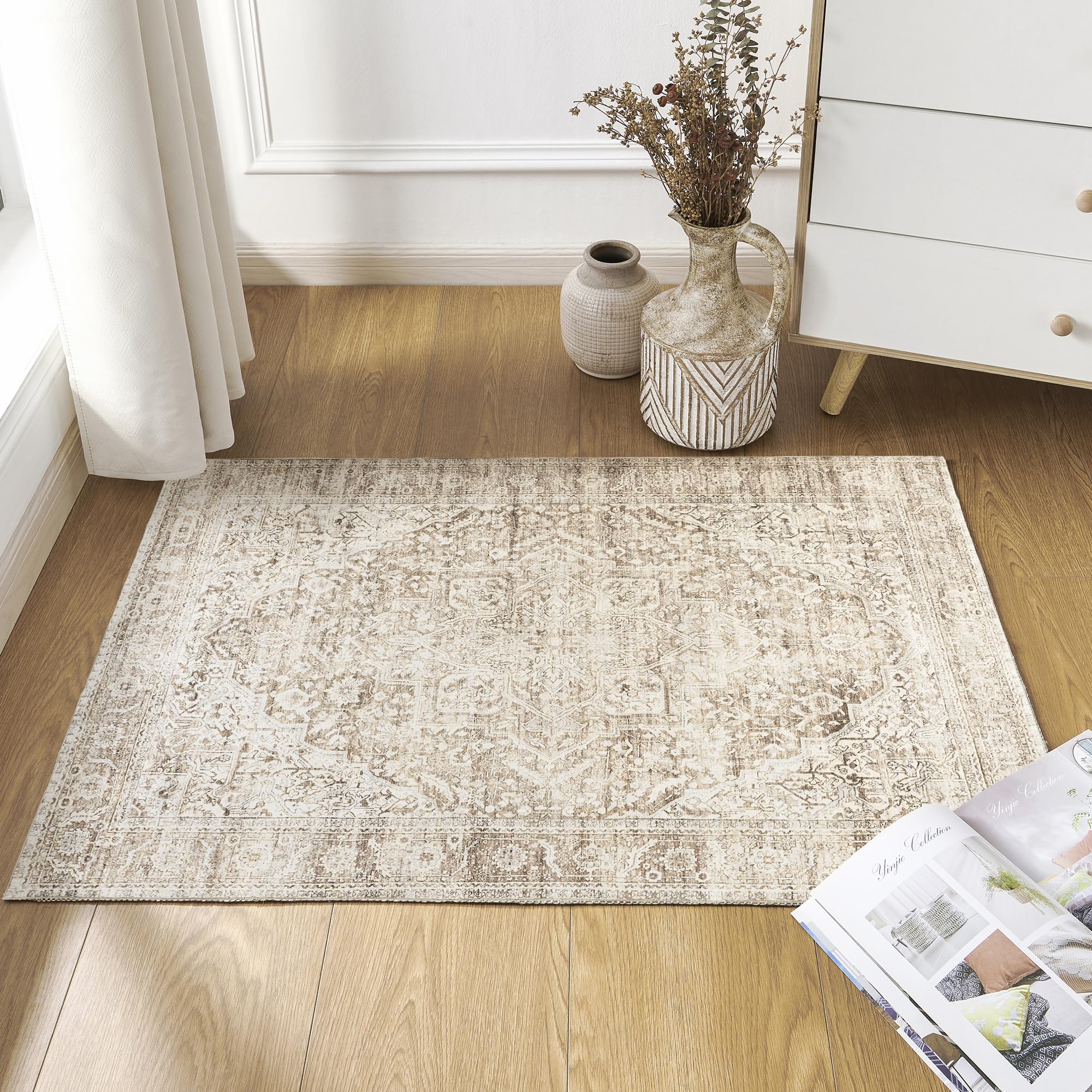 BILEEHOME Boho Kitchen Rug Washable,2x3 Non Slip Farmhouse Neutral Small Area Rug for Bathroom Bedroom Indoor Entrway Ultra Thin