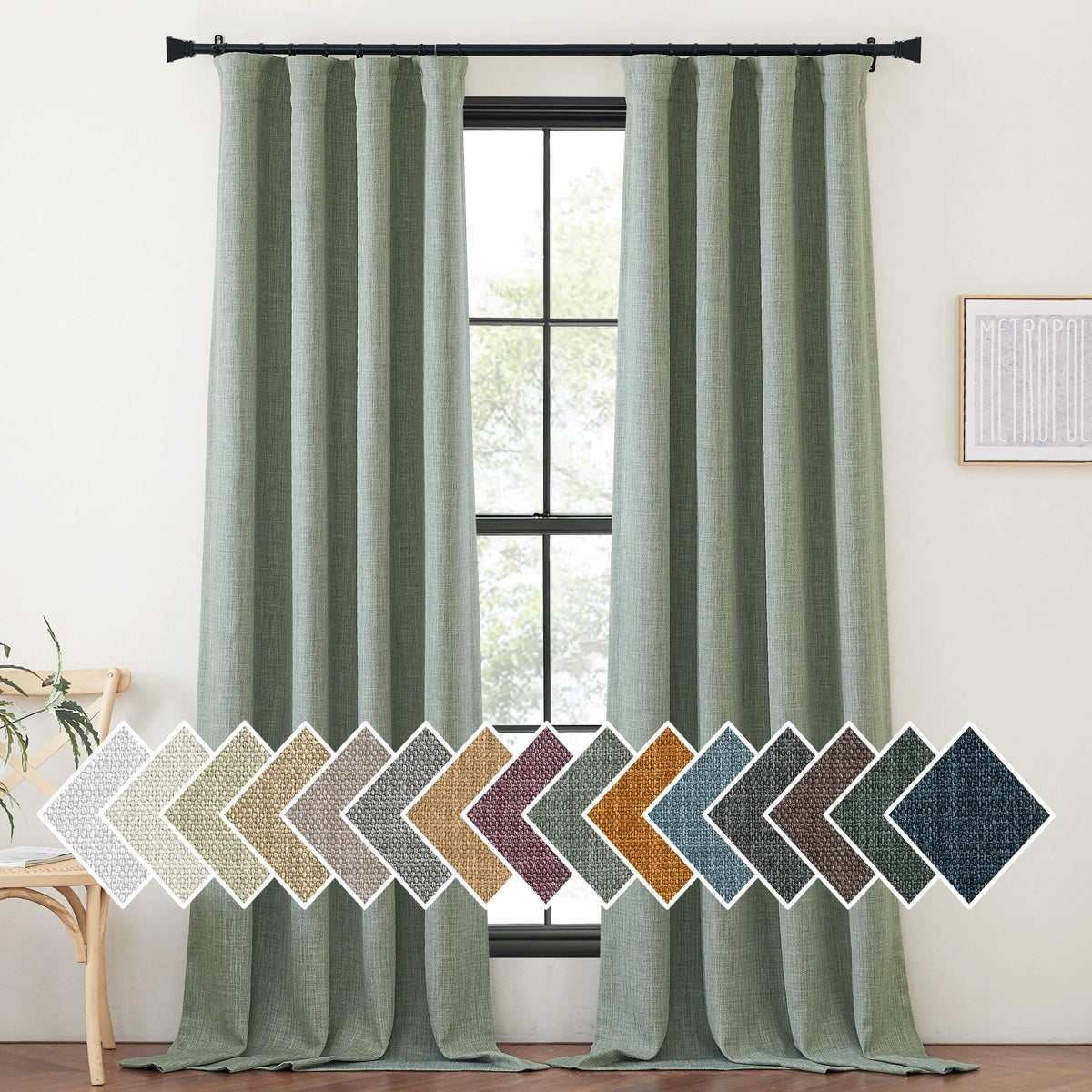 Nicetown Room Darkening Sage Green Curtains 96 Inches Long, Dual Rod Pockets & Hook Belt Thick Faux Linen Light Blocking Voice R