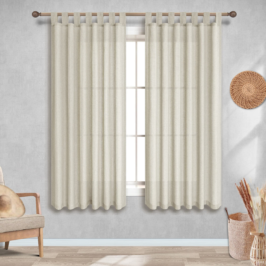 Beige Linen Curtains 54 Inch Length For Master Bedroom 2 Panels Tab Top Light Reducing Semi Privacy Classy Classic Lightweight Sheer Curtains For Kids Room Guest Industrial Farmhouse Decor 52X54 Tan